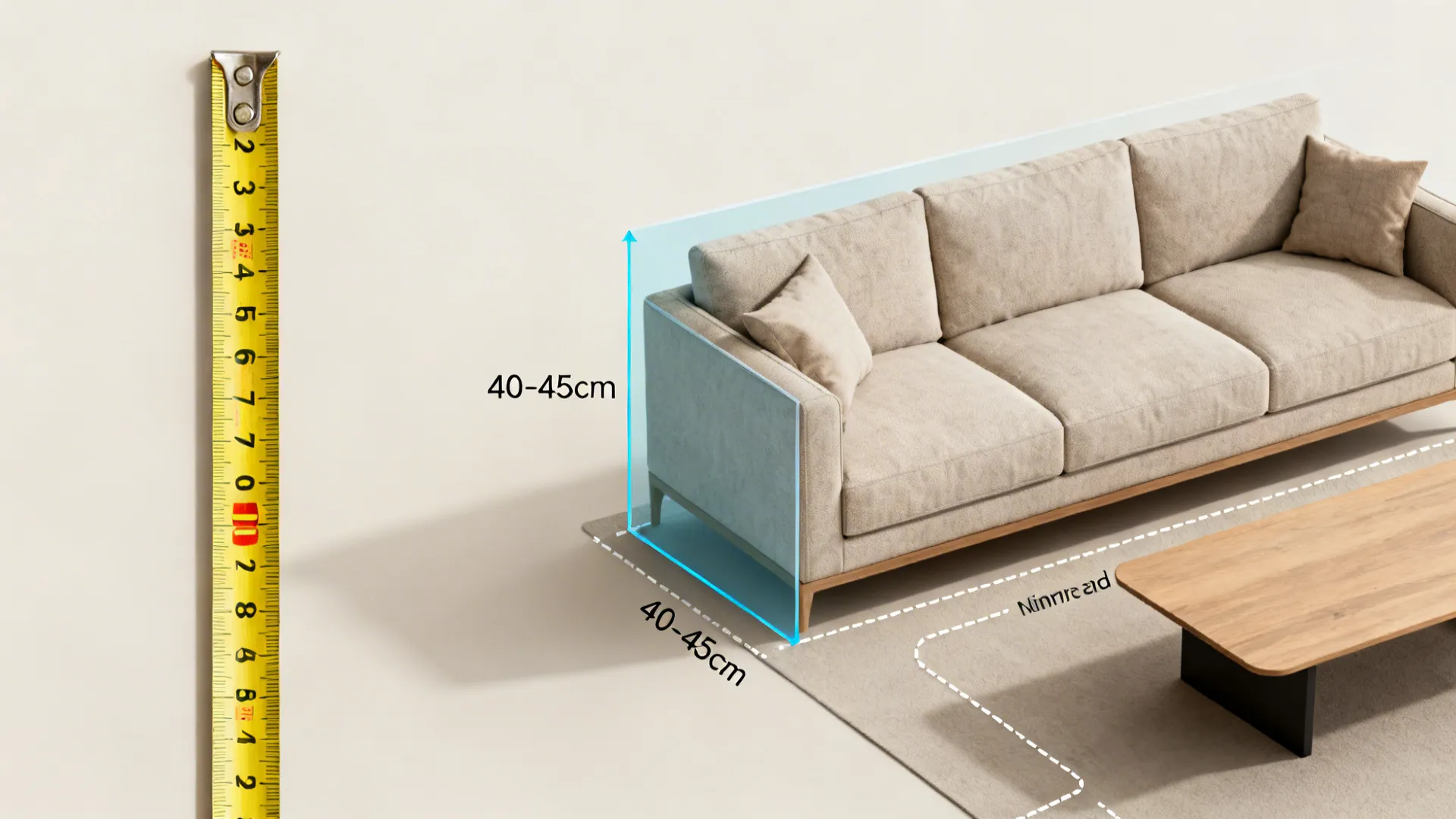 Sofa measurement diagram showing height and depth with a yellow tape measure and blue lines