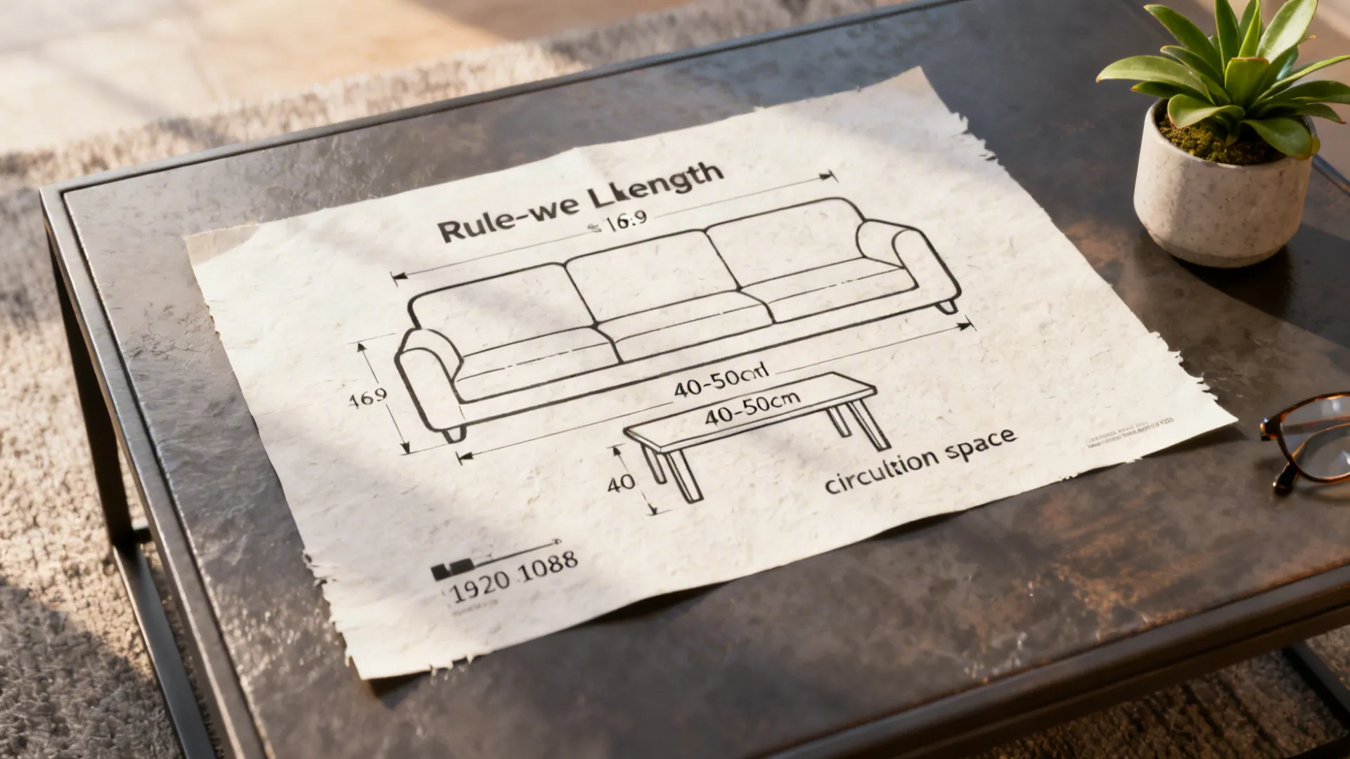 Macro shot of a scale diagram showing coffee table sizing guidelines beside a plant