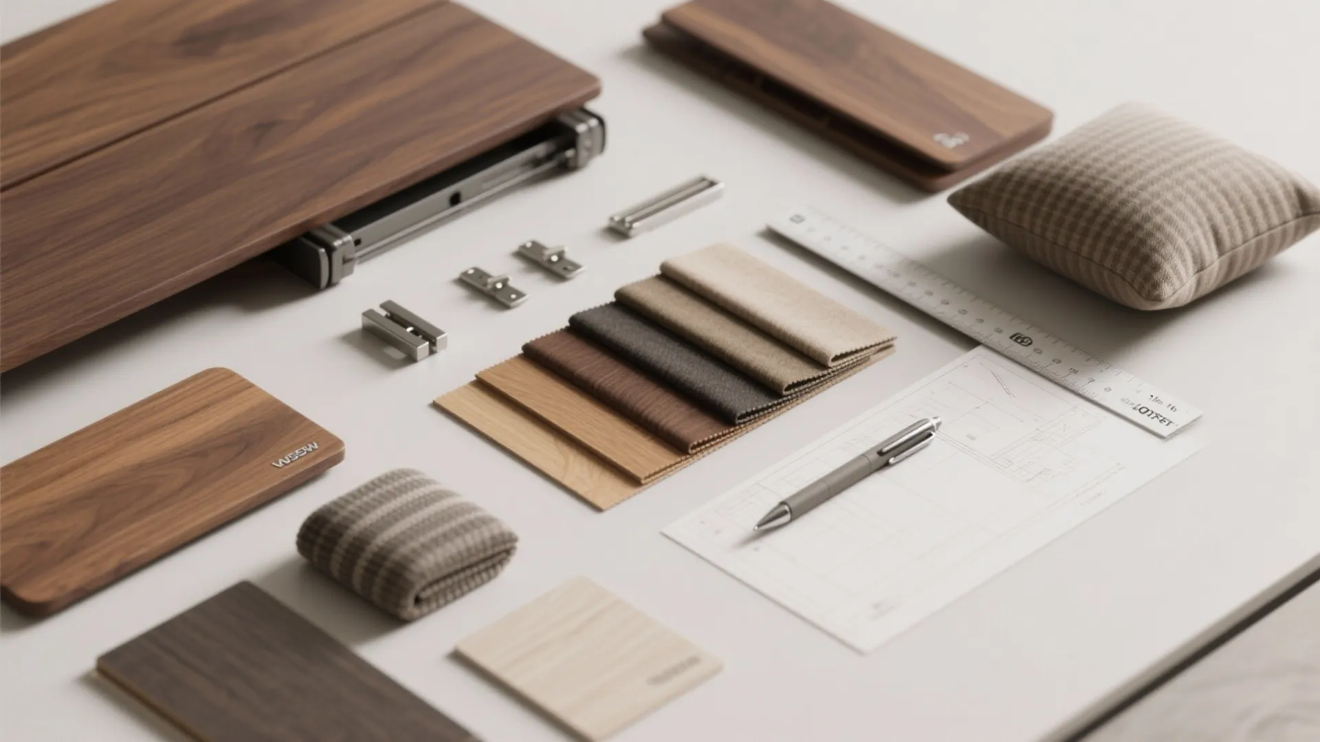 Overhead flatlay of wood samples, fabric swatches, and hardware pieces for planning an extendable dining table.