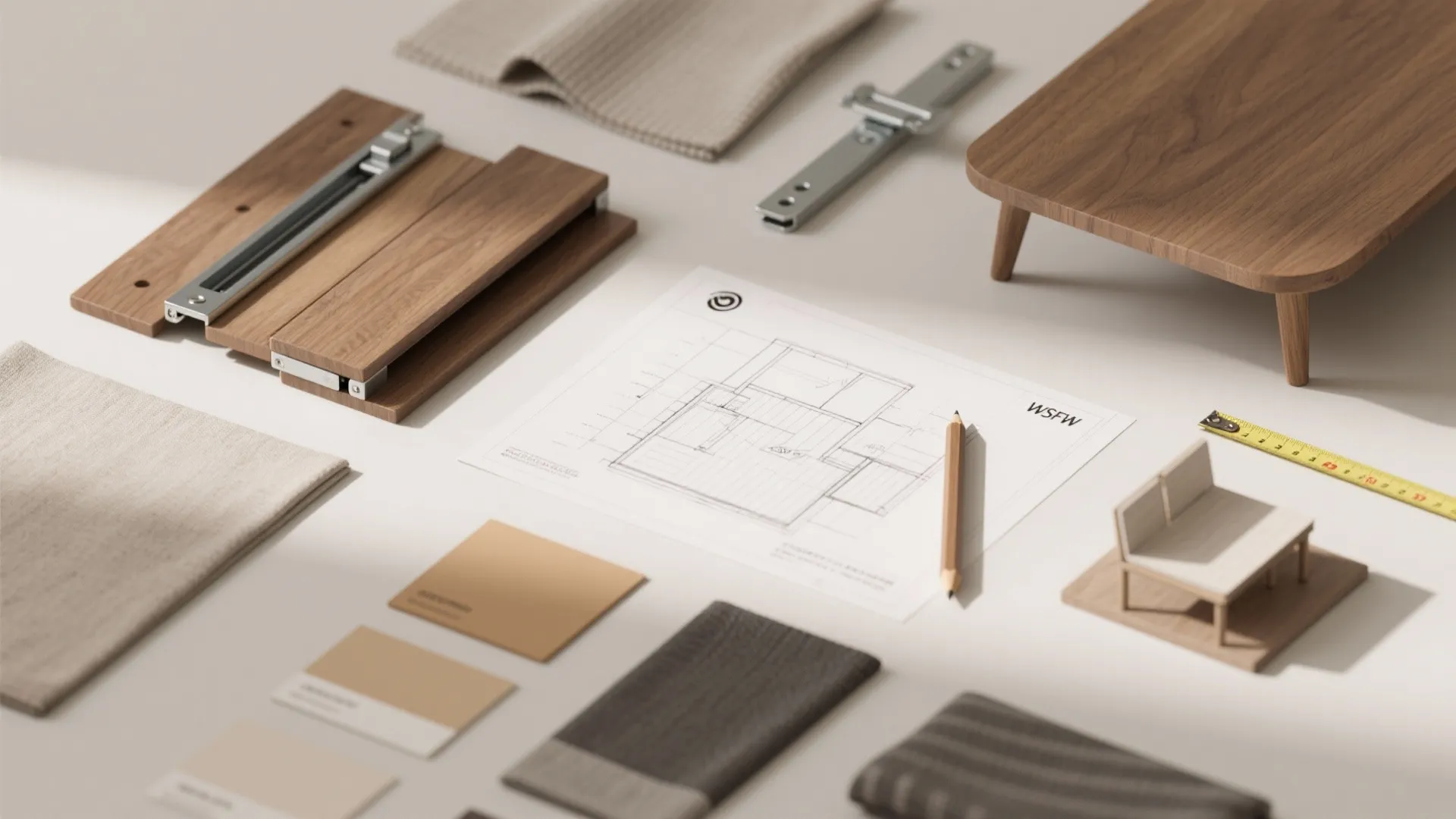 Flat lay of interior design drawing materials including floor plans fabric samples and measuring tools
