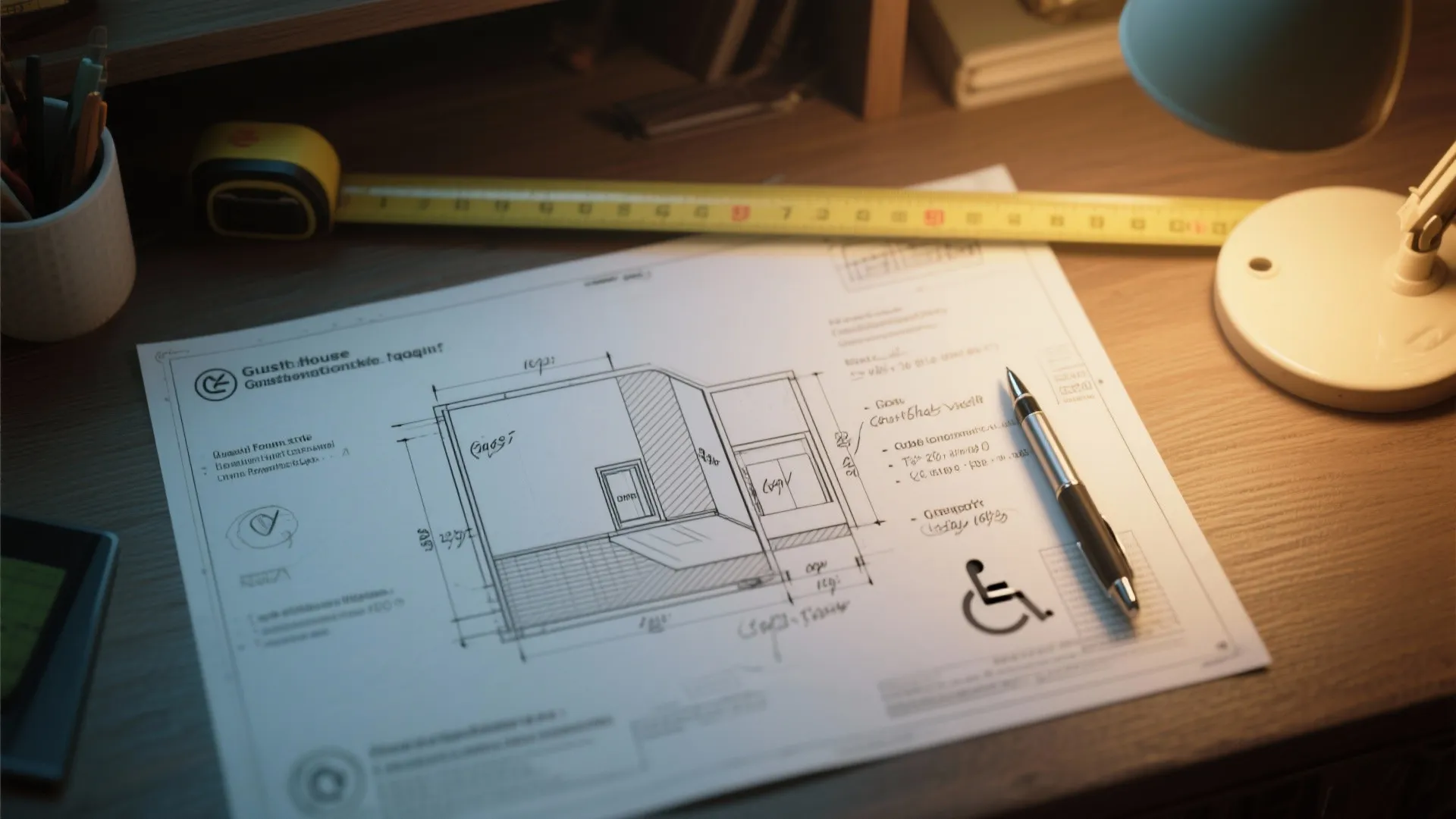 Annotated diagrams and measuring tools illustrating guest house clearances and FAQ guidance.