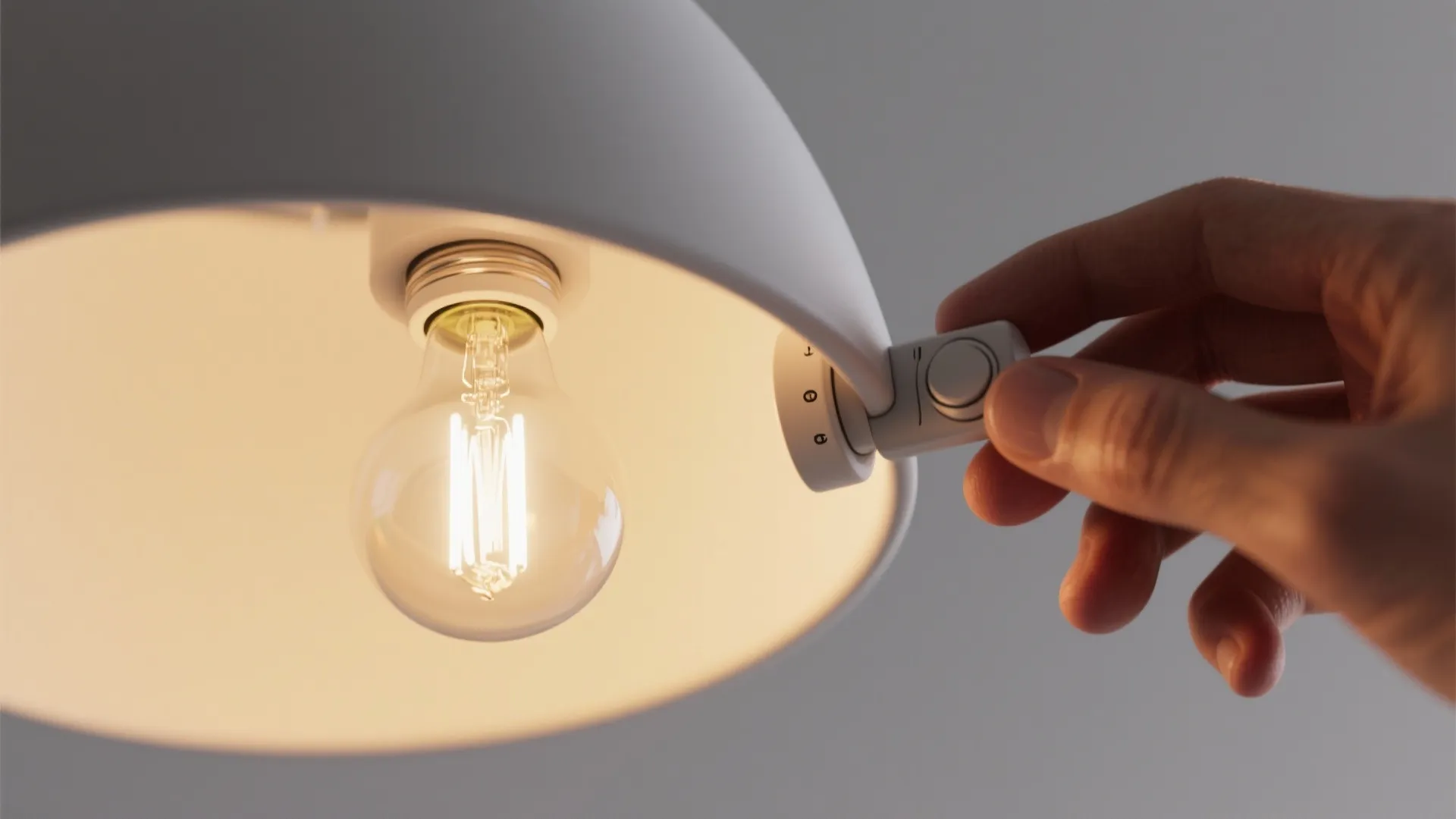 Close-up of a pendant diffuser and dimmable LED bulb being adjusted for glare control