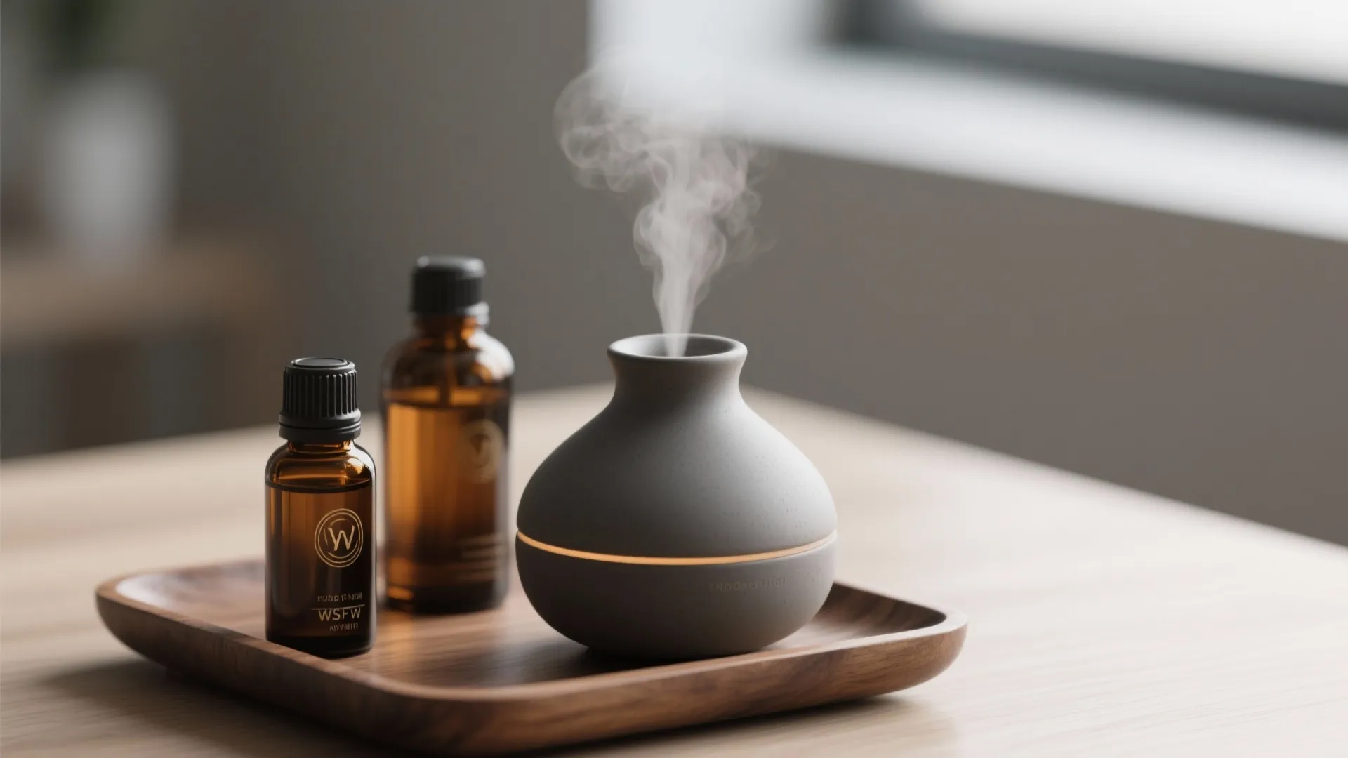 Close-up of ceramic diffuser mist with amber bottles on a small tray.