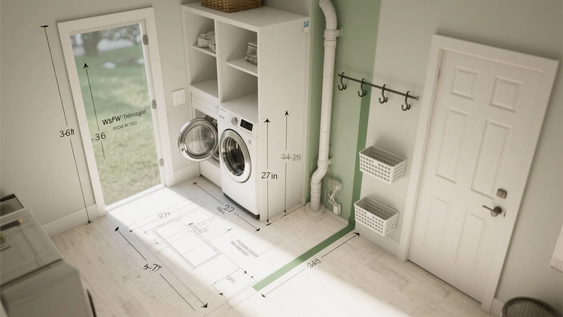 Laundry room interior design drawing showing washing machine inside white cabinet with floor plan measurements