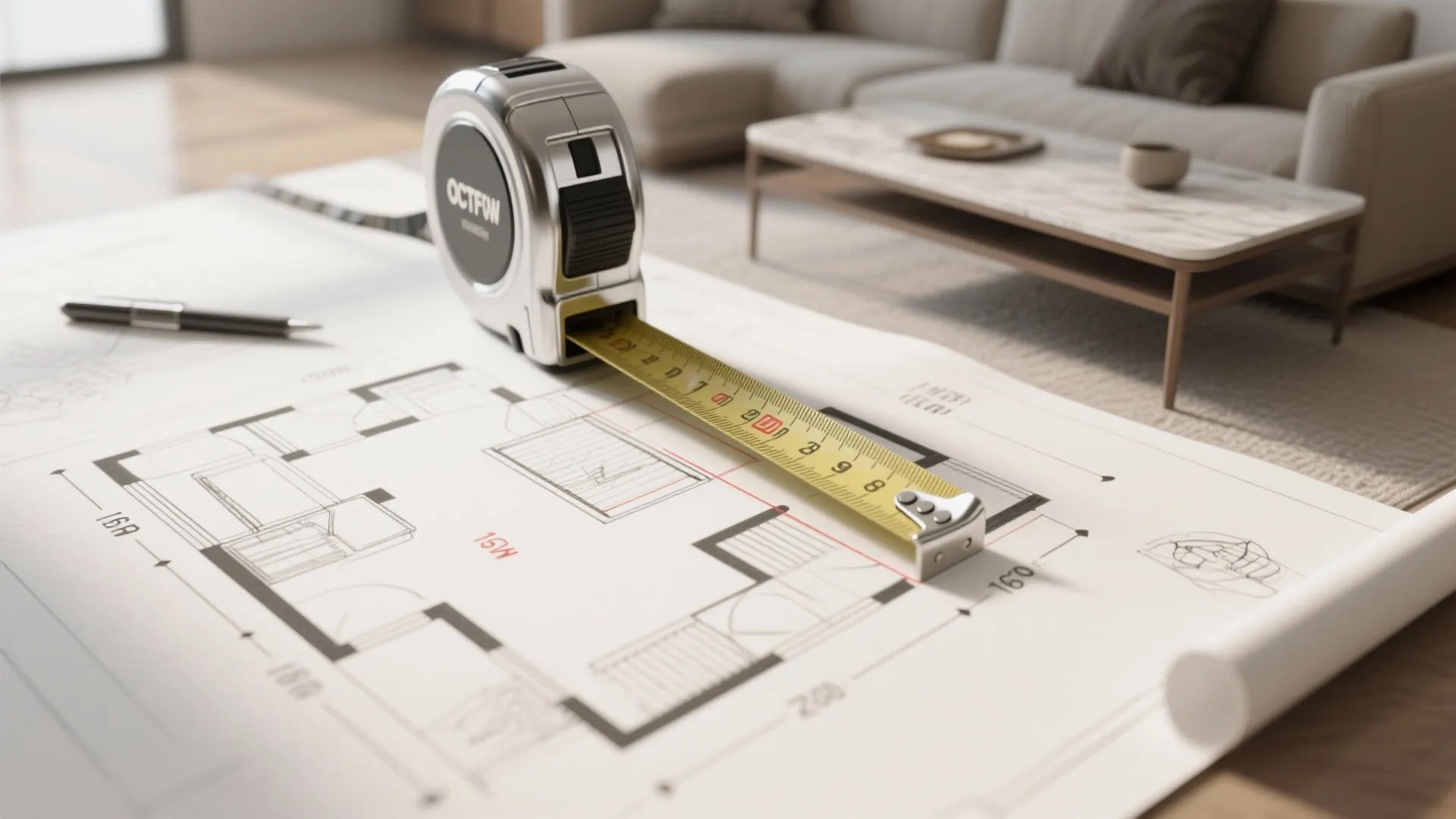 Metal measuring tape lying on top of a paper house floor plan in a room