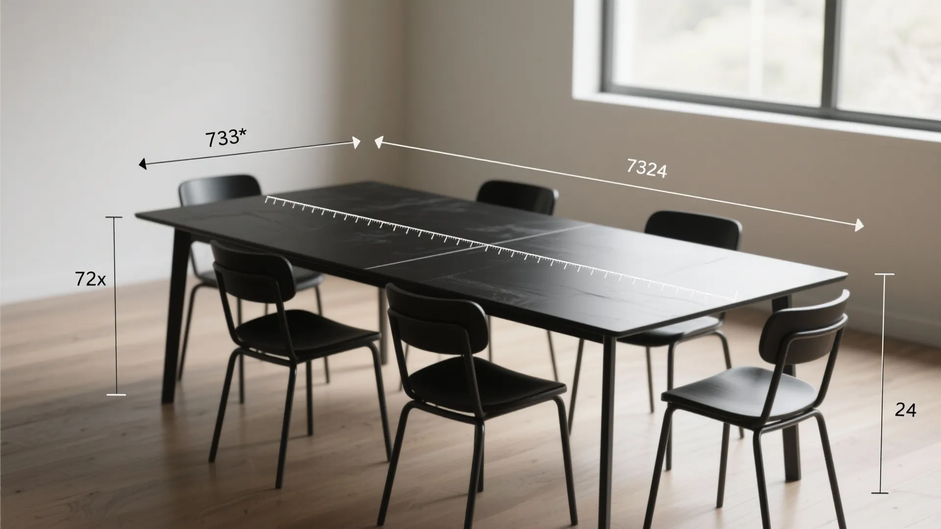 Black dining table with black chairs showing measurement lines for length width and height on floor