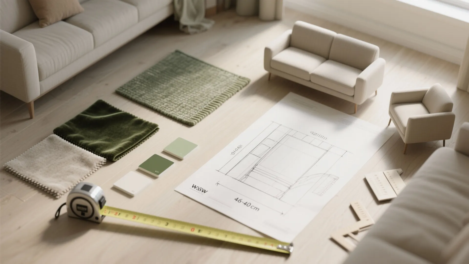 Interior design drawing on floor with measuring tape color samples sofa models and green rug