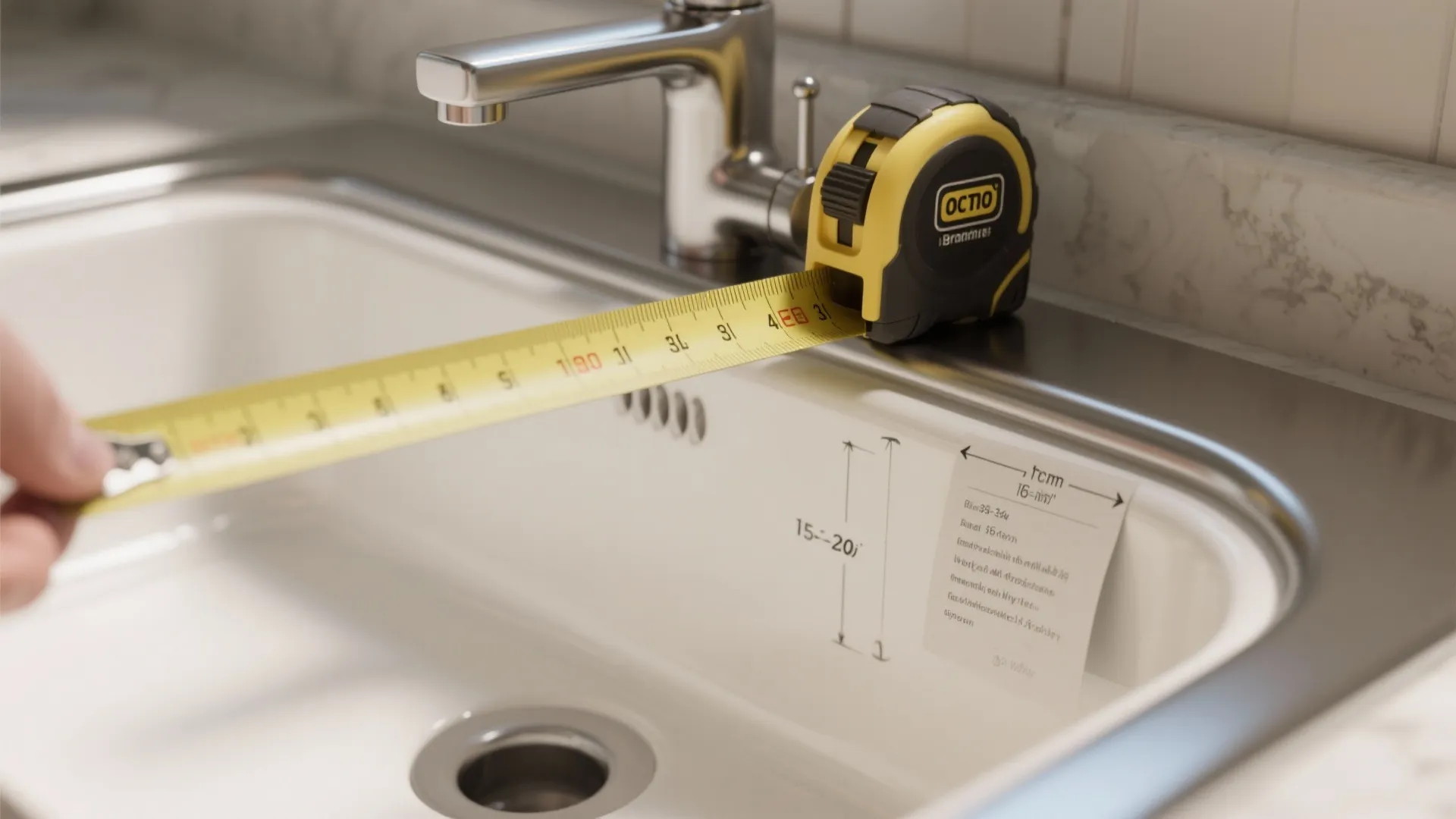 Measuring kitchen sink depth using a yellow tape measure next to a chrome water tap