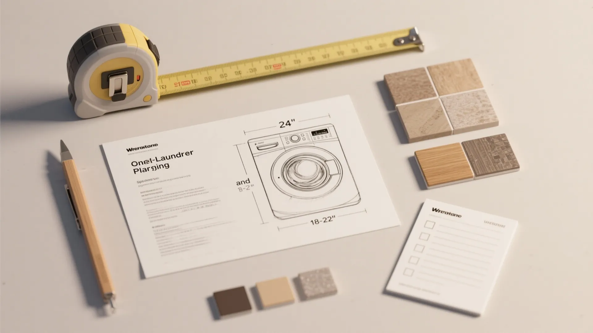 Top-down flatlay of measuring tape, layout sketch, and material swatches for small laundry planning.
