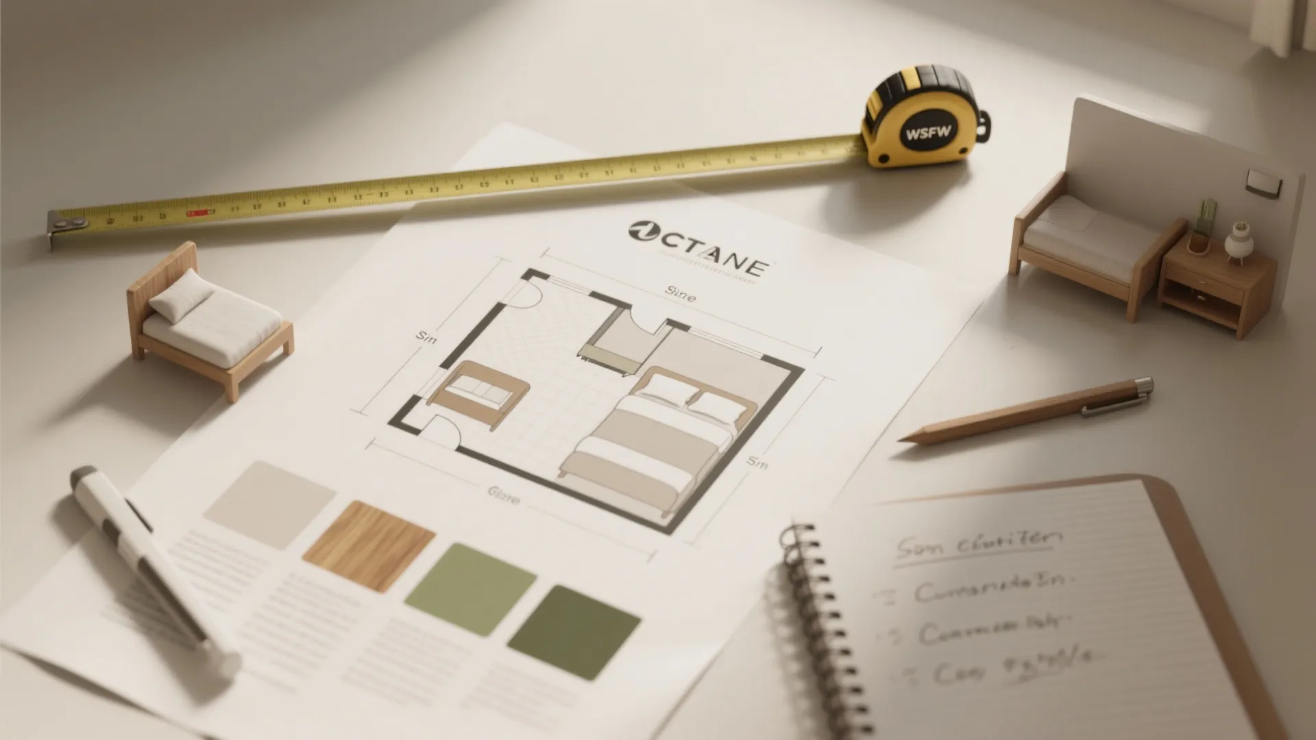Floor plan paper on a desk with a tape measure small furniture models and notebook