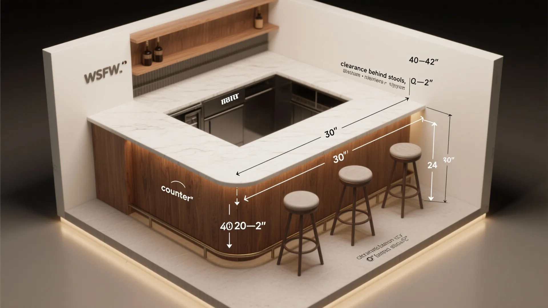 Top-down planning view showing recommended bar and clearance dimensions for compact bars with labeled measurements.
