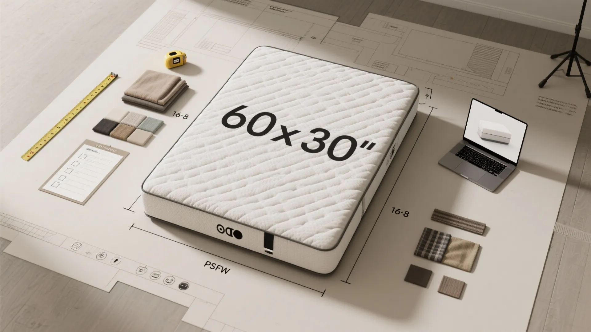 White mattress showing dimensions sixty by thirty inches with measuring tape fabric samples and laptop