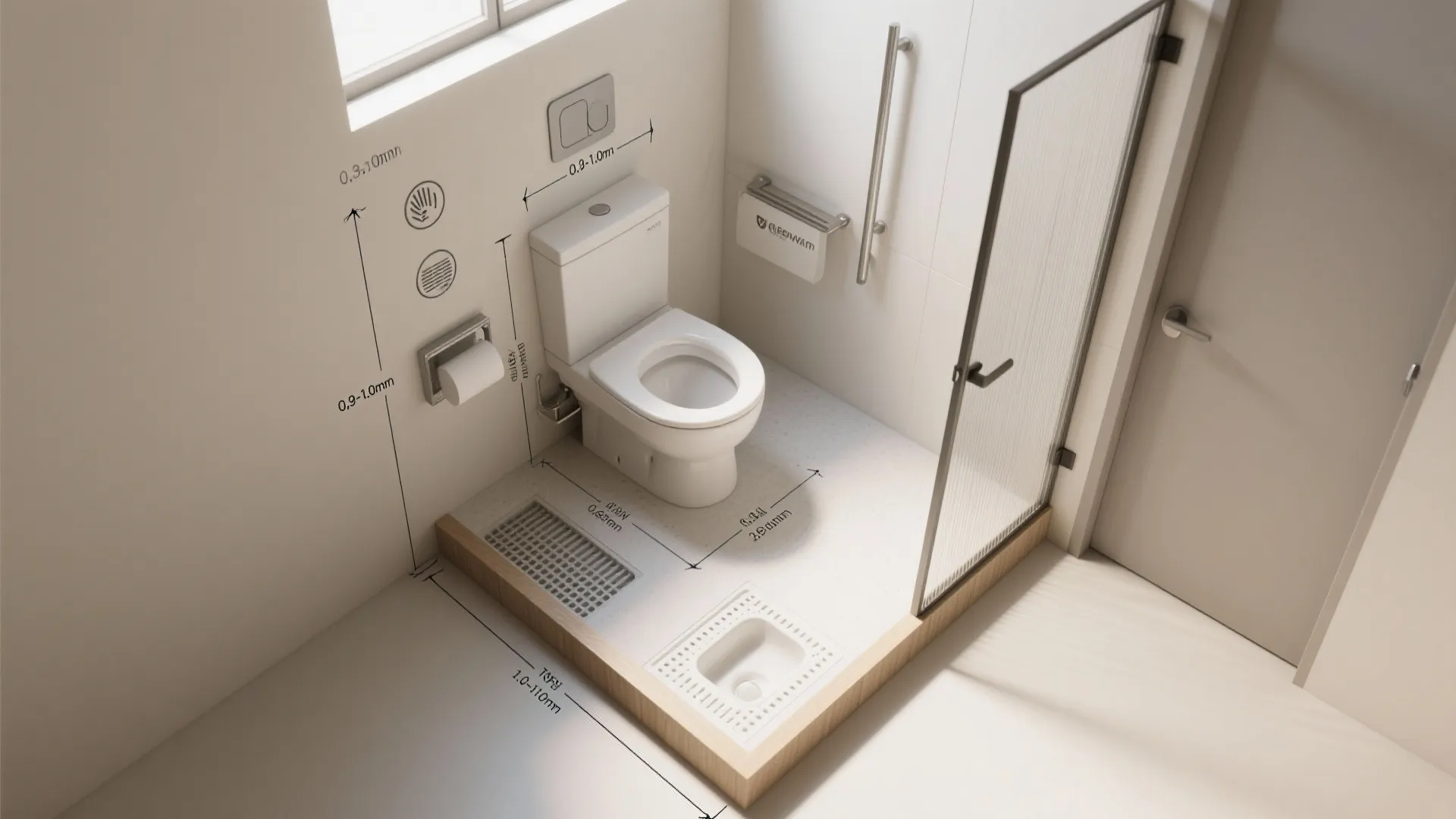 Small bathroom layout with white toilet and shower glass showing detailed measurement lines for space planning