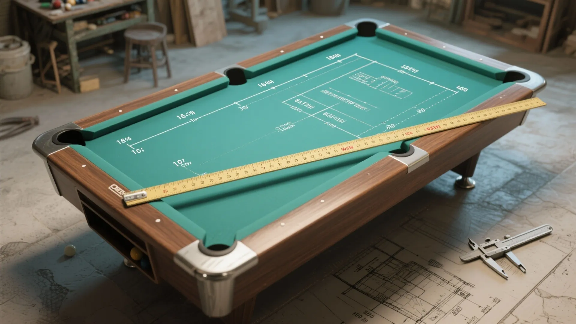 Pool table with measuring ruler and interior design drawing showing exact dimensions in a workshop setting