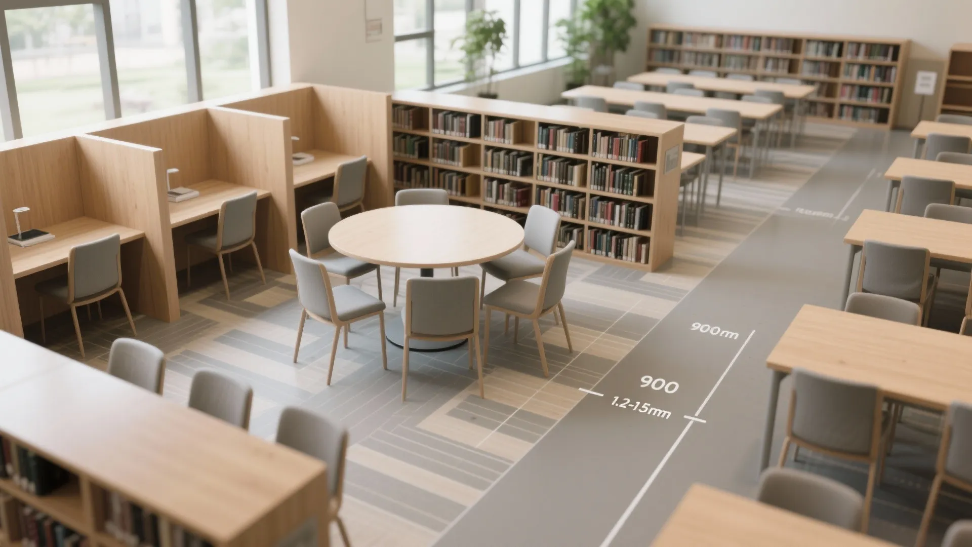 Library room layout showing round tables and wooden desks with white dimension lines and measurement text