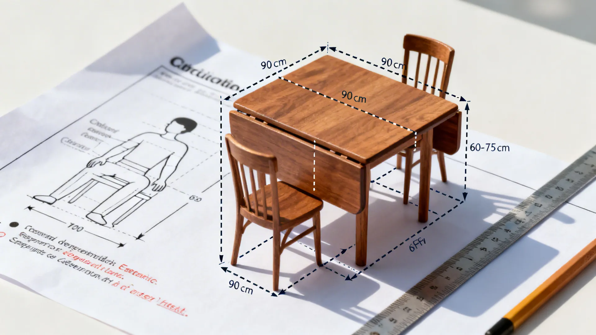 Wooden table and chairs set on a floor plan drawing with dimension lines and ruler