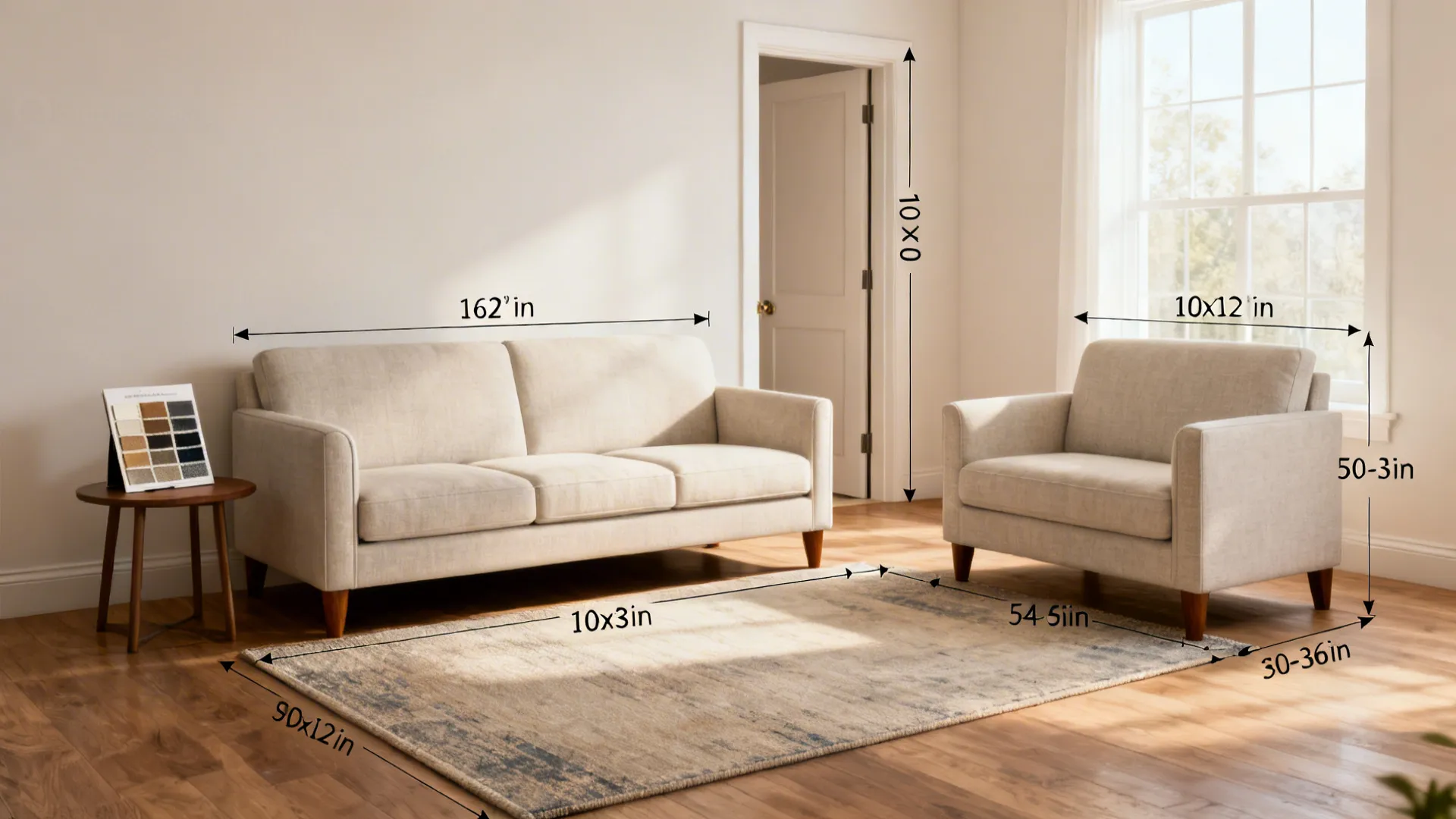 Staged 10x12 ft living room showing recommended sofa and loveseat dimensions and clear walkways.