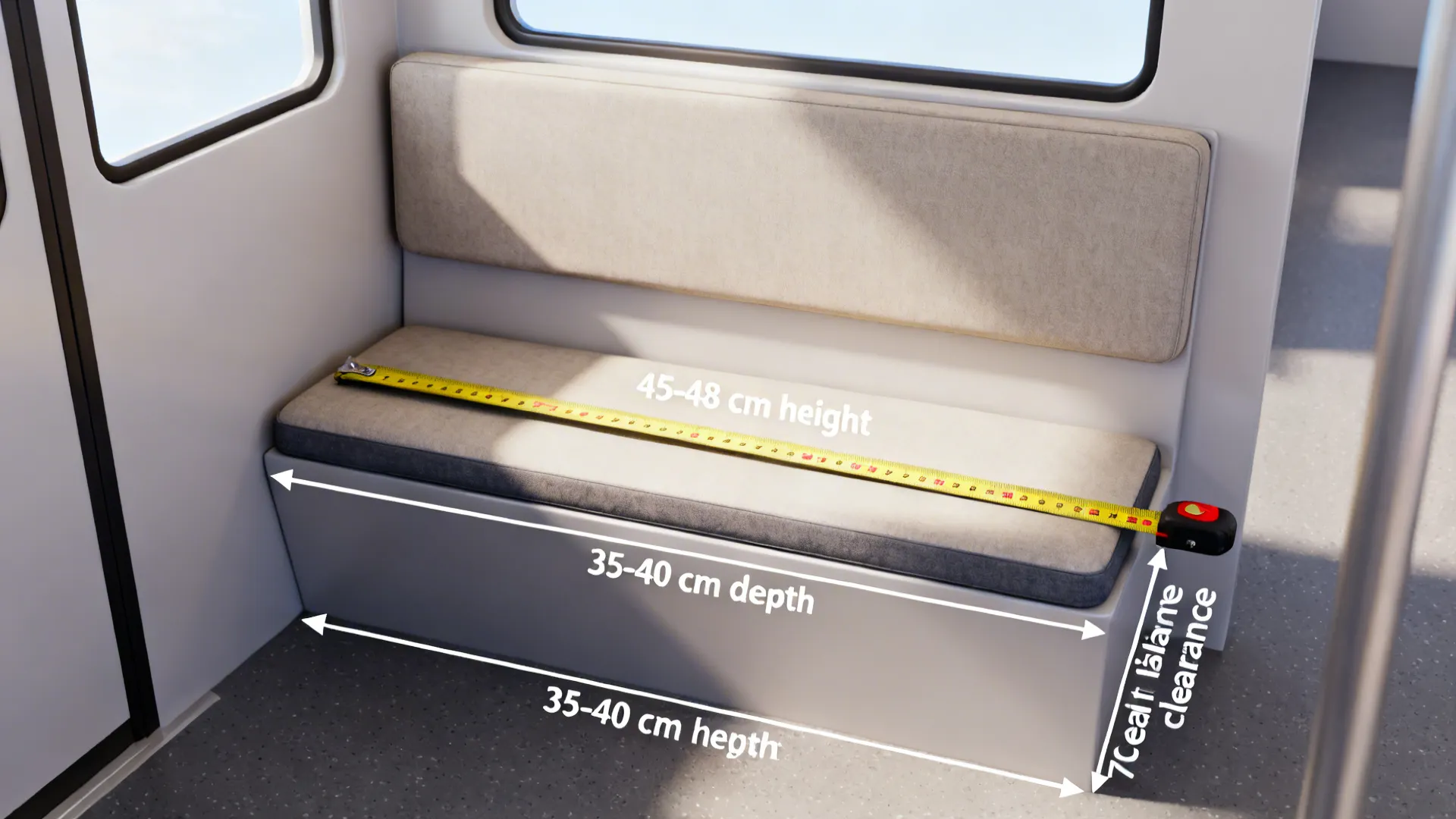 Interior design drawing showing the height and depth dimensions of a built in bench seat