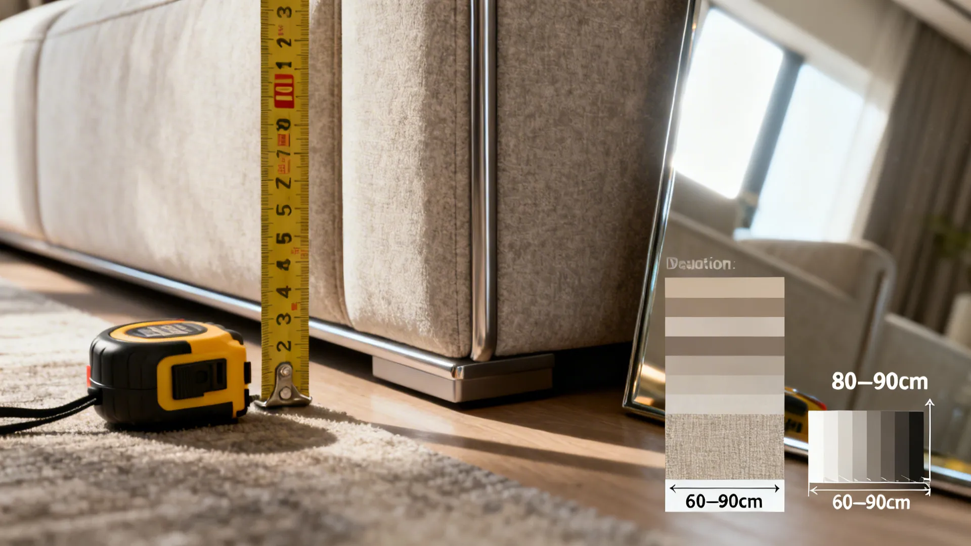 Yellow measuring tape showing height and width dimensions for furniture placement on a wooden floor area