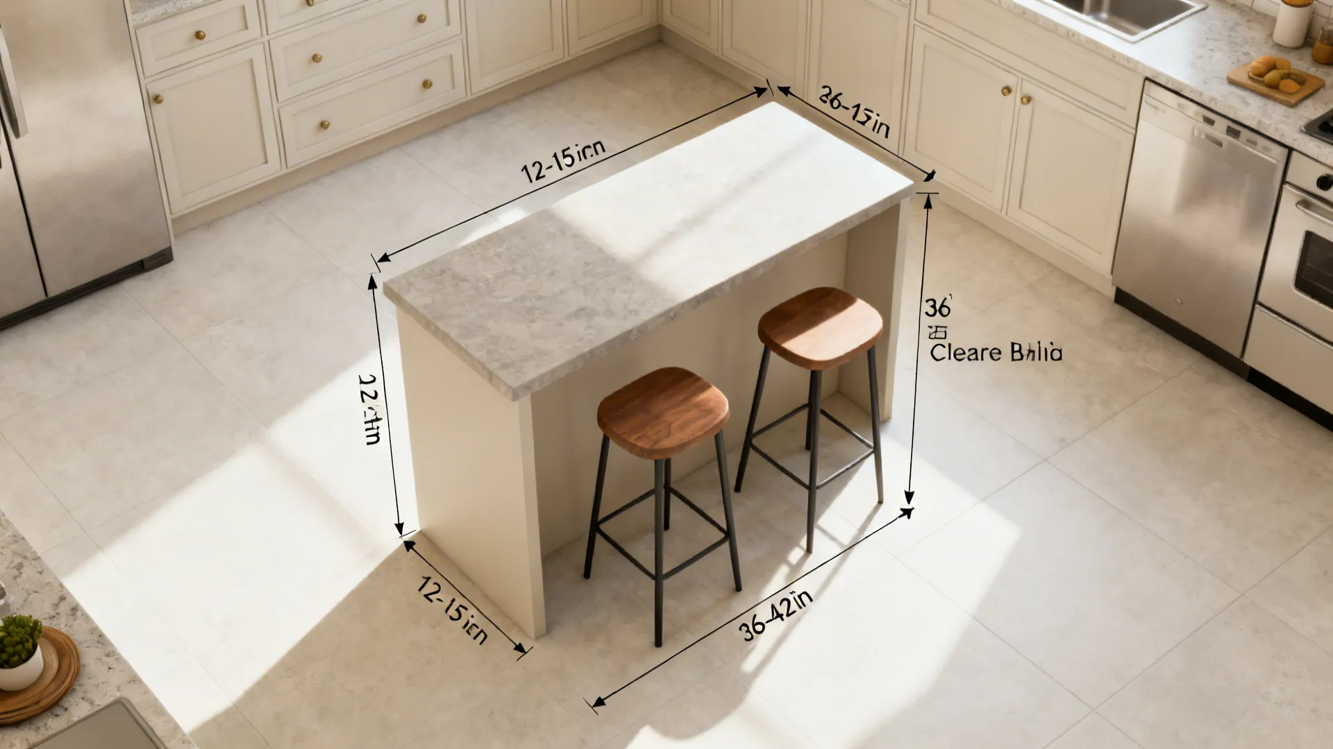Top-down layout showing a slim breakfast bar with stool spacing and clearance guidelines.