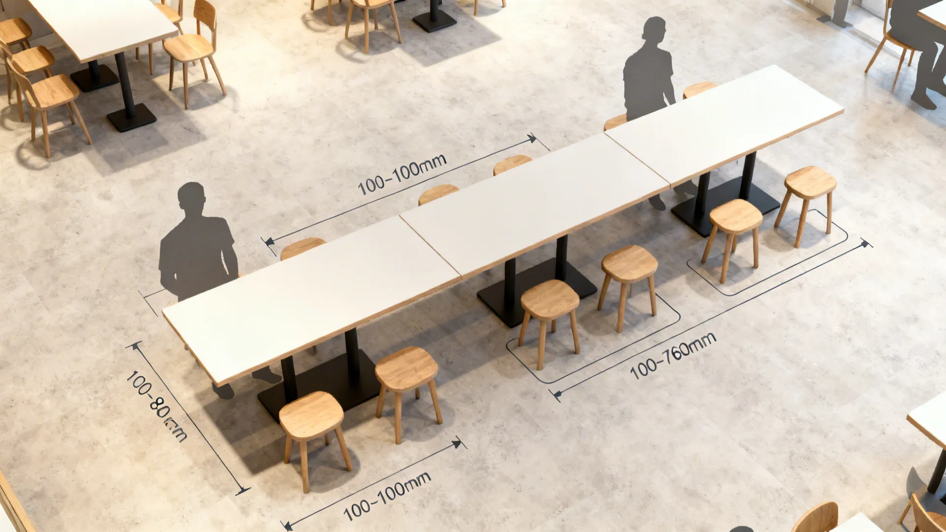 Long white dining table with wooden stools showing measurement lines and human silhouettes for layout