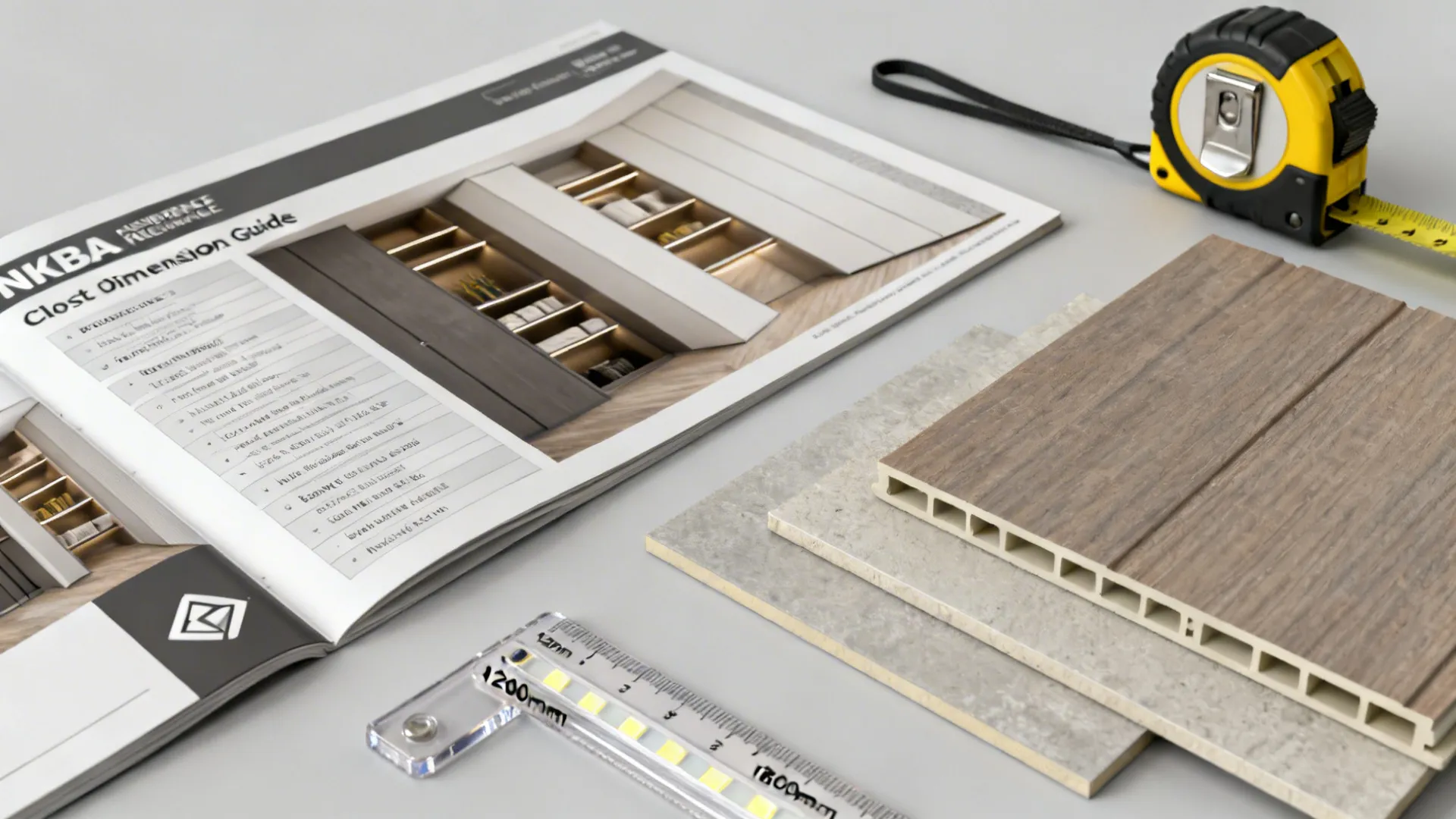 Tools and dimension guide for closet planning showing measuring tape and NKBA reference materials.
