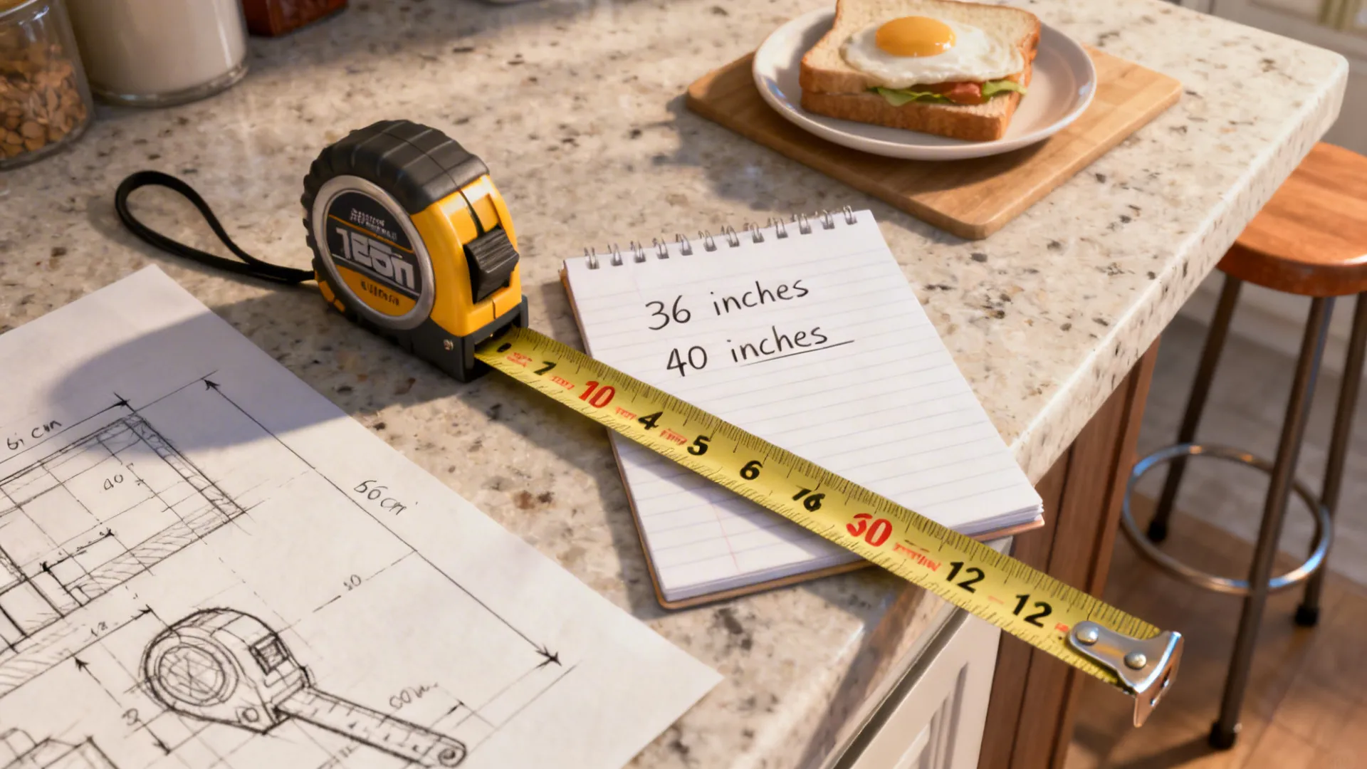 Measuring tape and sketches showing recommended widths and heights for wall-mounted breakfast bars