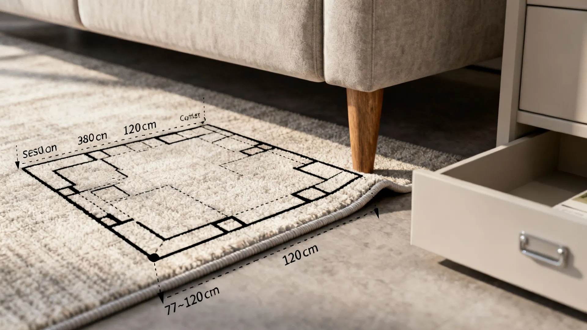 Macro detail of rug, sofa leg, and circulation spacing markers illustrating dimension rules
