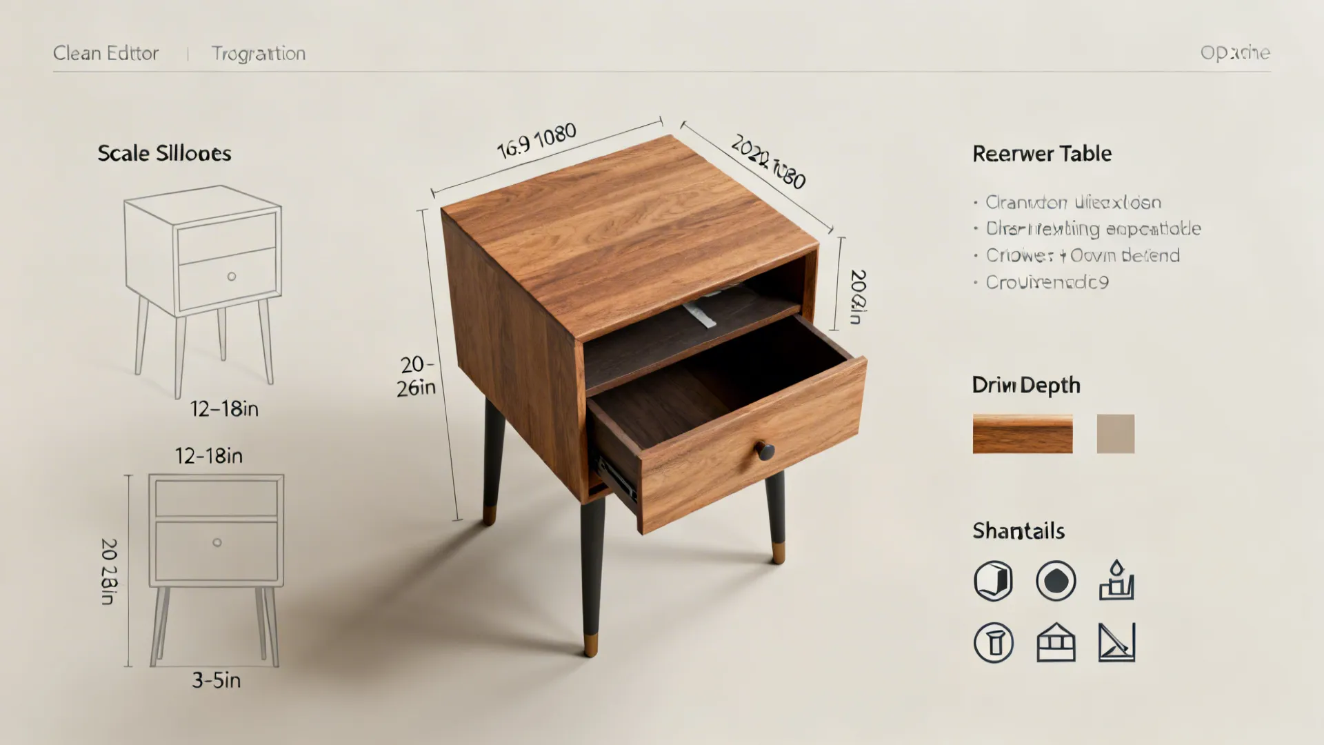Wooden side table dimension diagram showing height width and depth with technical sketches and features