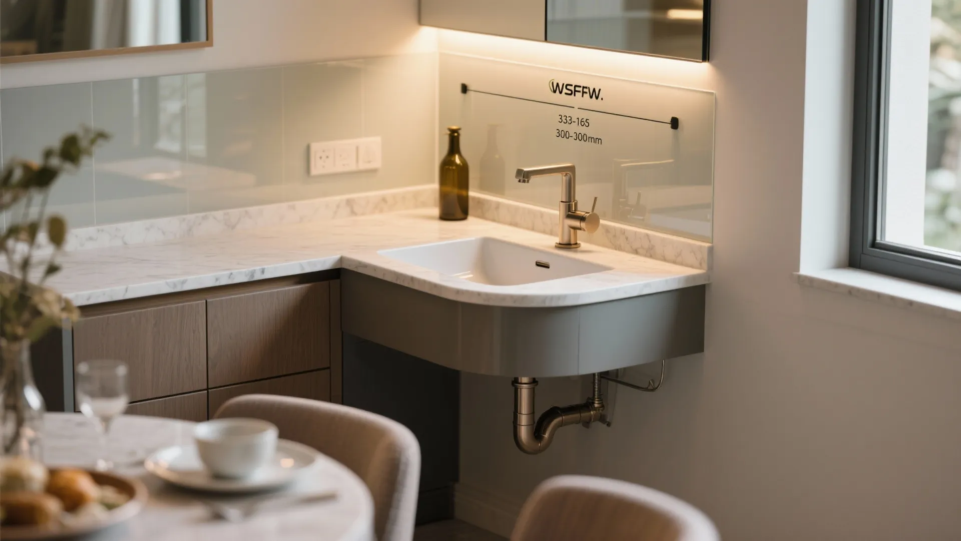 Modern bathroom sink with gold faucet white marble countertop grey cabinet and technical dimension labels