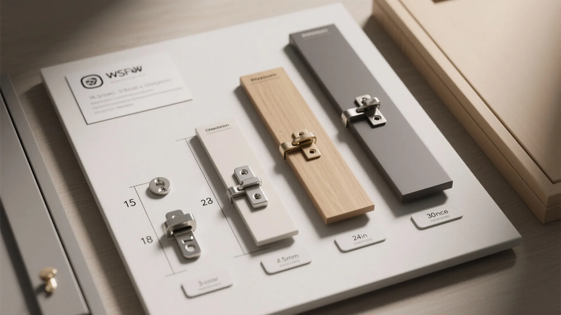 Cabinet hardware samples with metal hinges mounted on wood and colored panels showing clear measurement labels