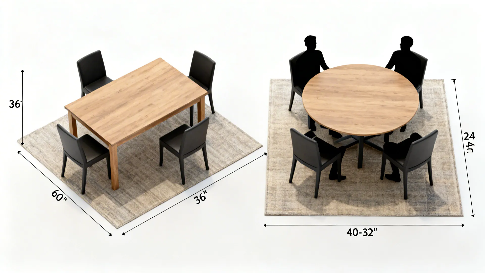 Top-down visual of standard dining table sizes, clearances, rug sizing, and height relationships.