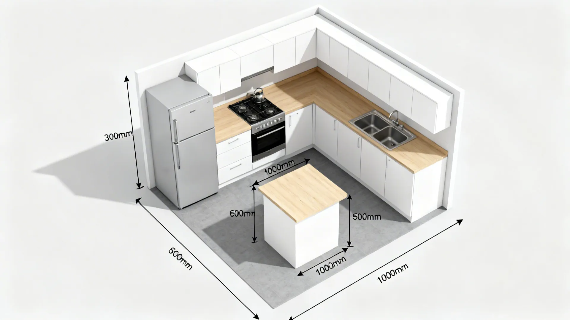 Top-down compact kitchen showing aisles, work triangle, and door clearances for planning.