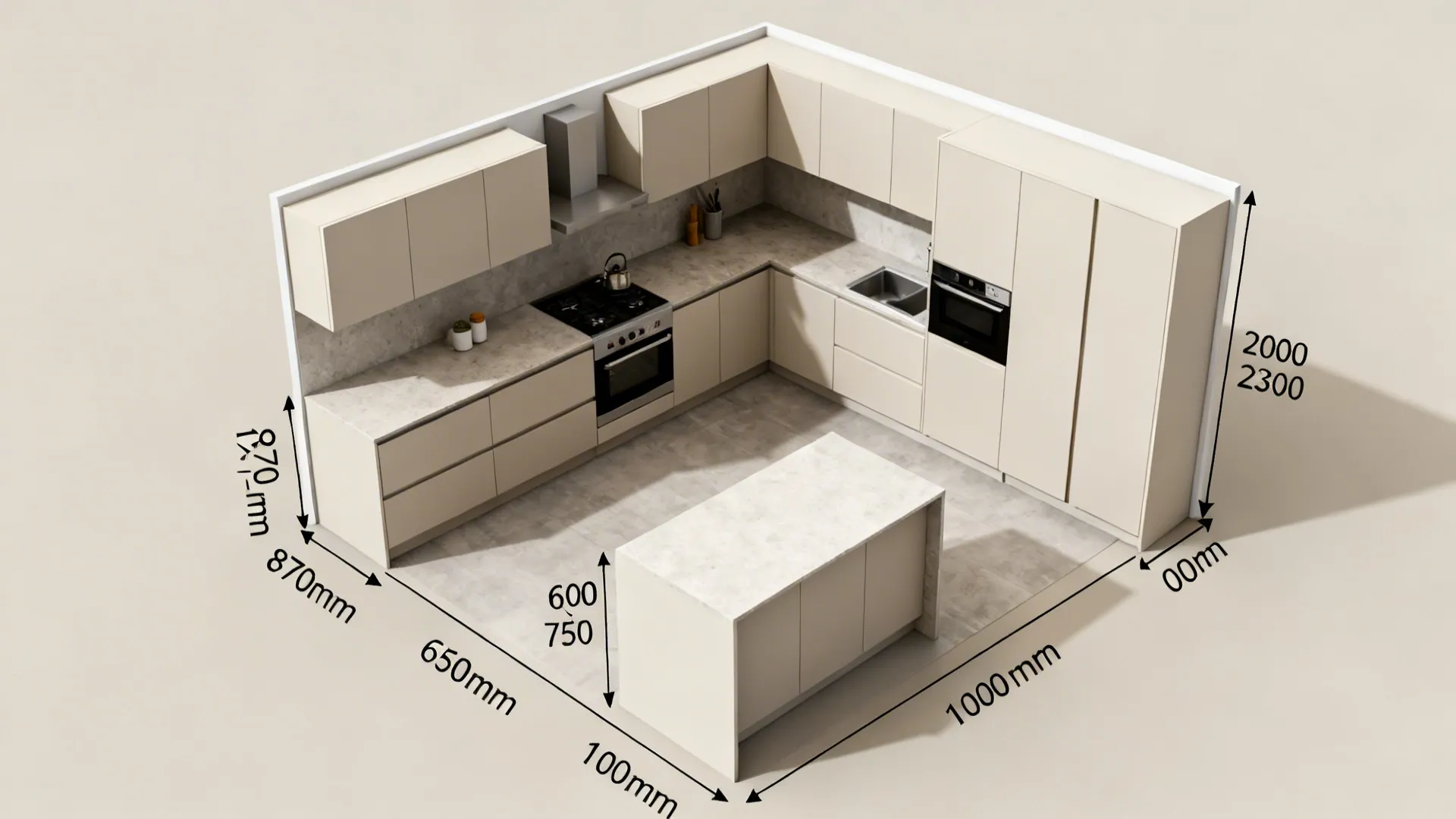 Top-down layout illustrating typical cabinet heights, depths, and aisle clearances for small kitchens.