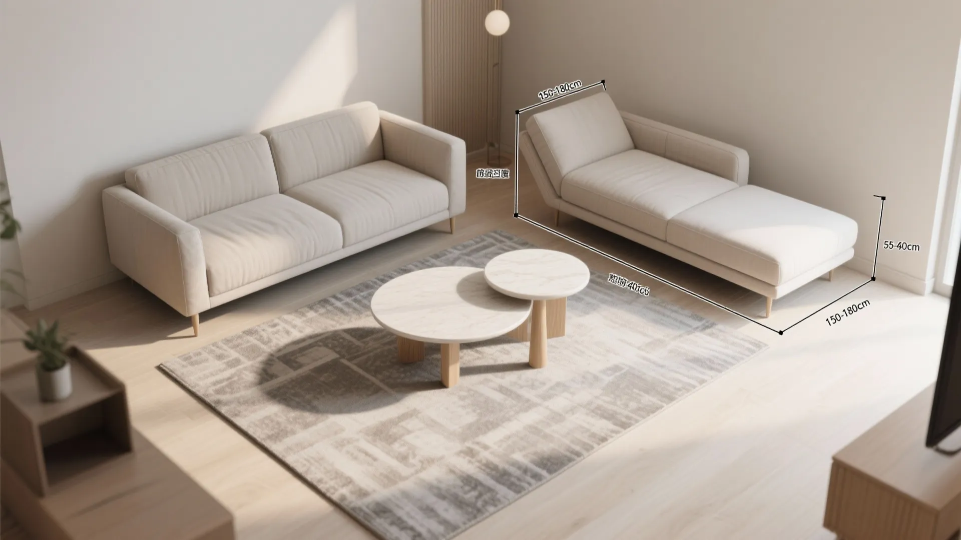 Top-down living room diagram showing chaise sizes, table clearance, and walkway dimensions.