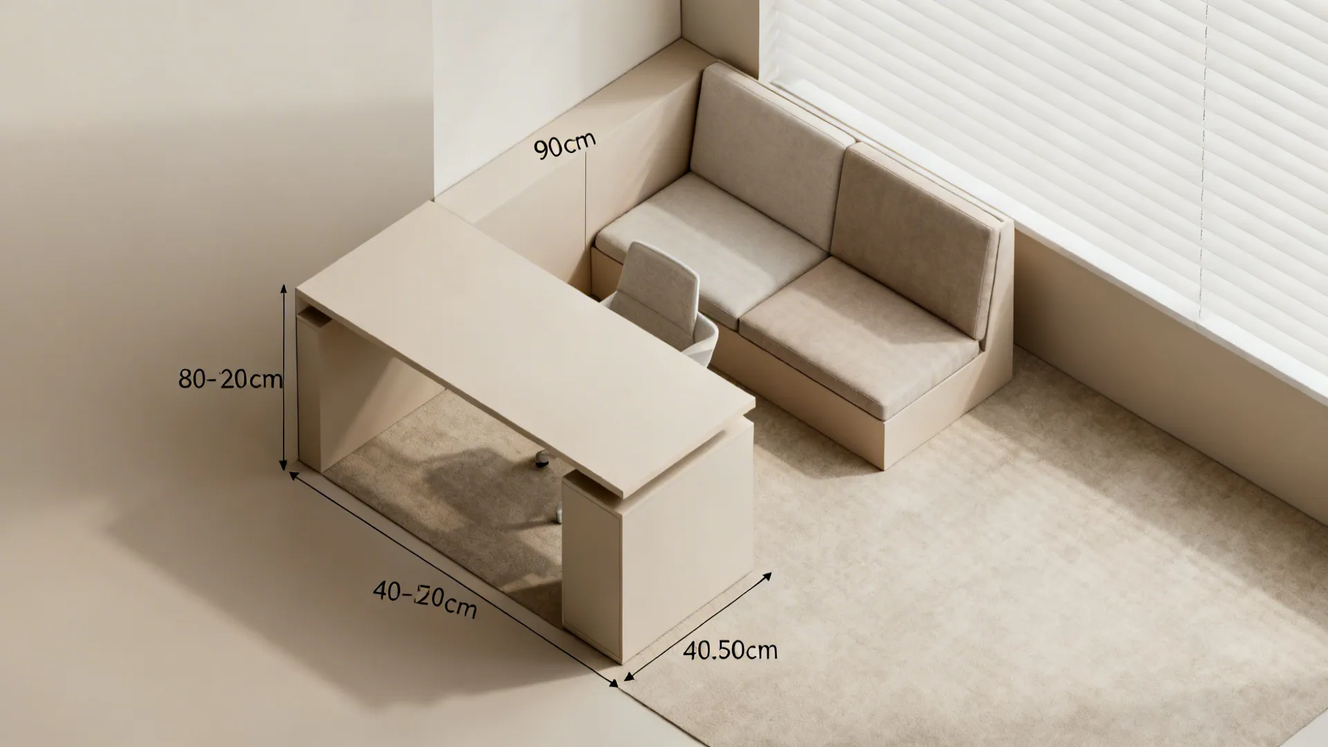 Top-down room layout showing desk and sofa dimensions with clear black lines and number labels
