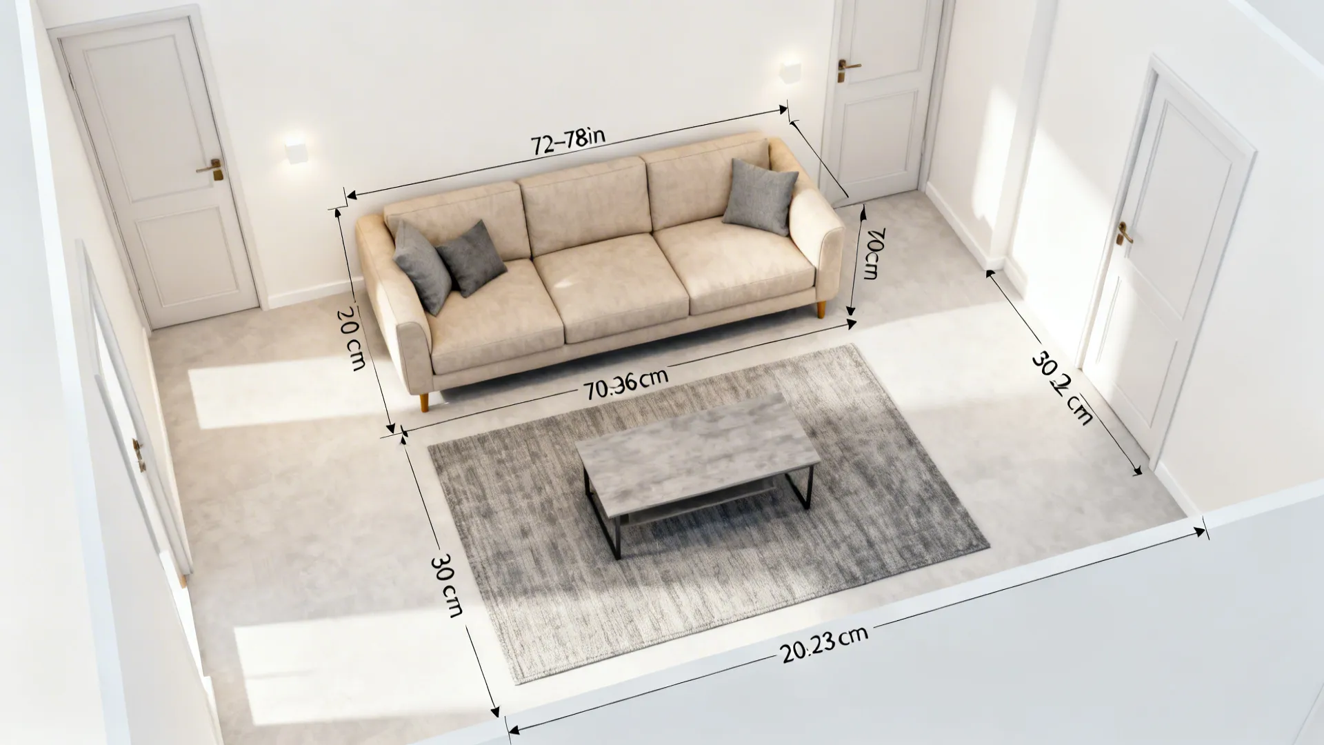 Top-down compact living room showing proportional sofa size, rug coverage, and walkway clearances.