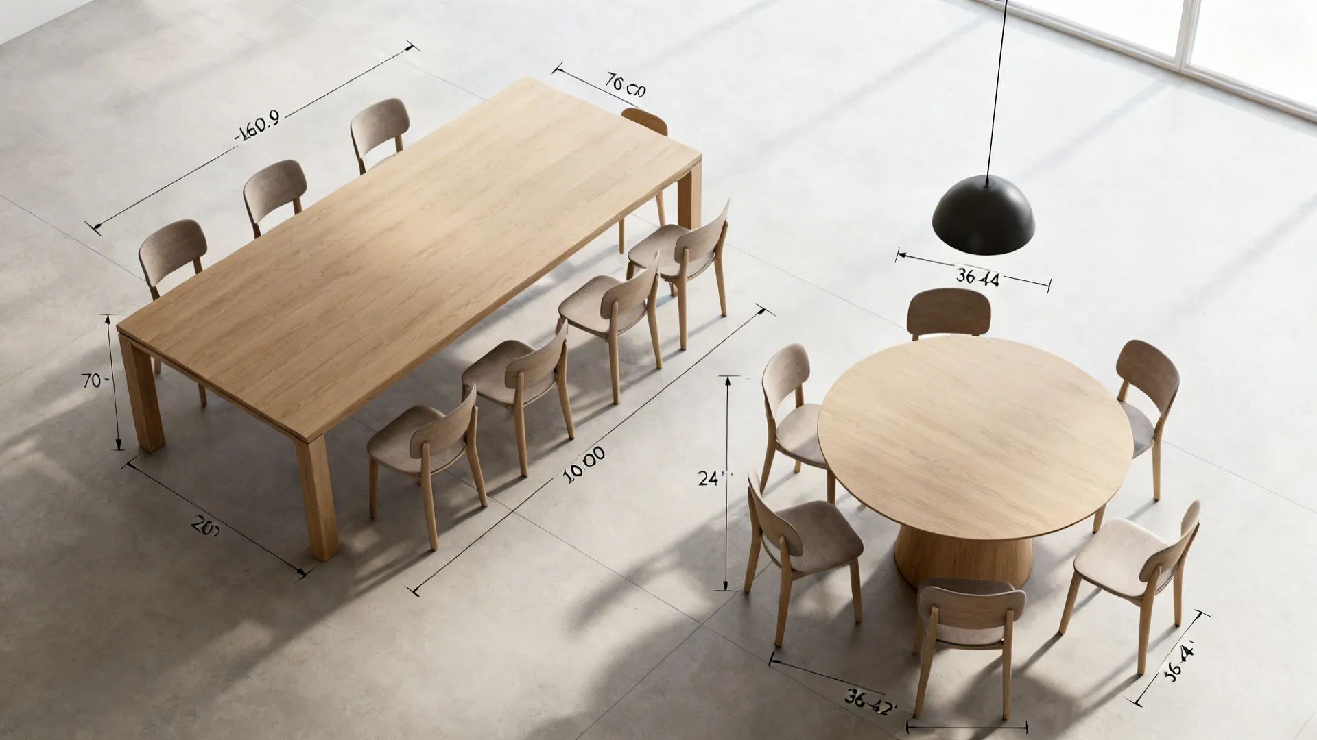 Top-down layout comparing rectangle and round table clearances and seating spacing.