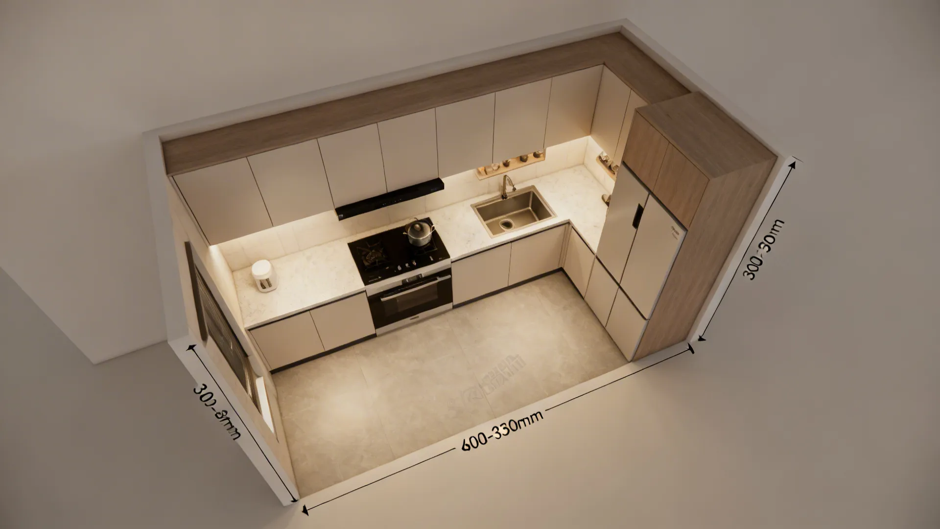Top-down guide showing compact kitchen aisle width and upper cabinet depth proportions.