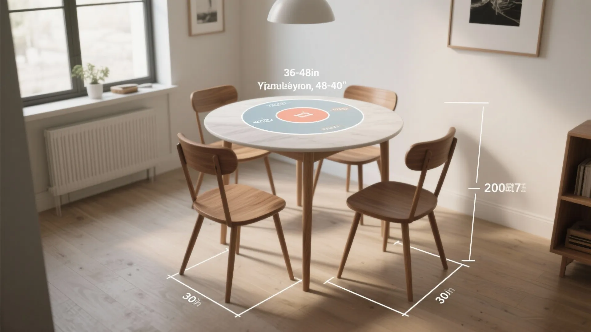 Round wooden dining table with four chairs showing dimension lines for height and width measurements