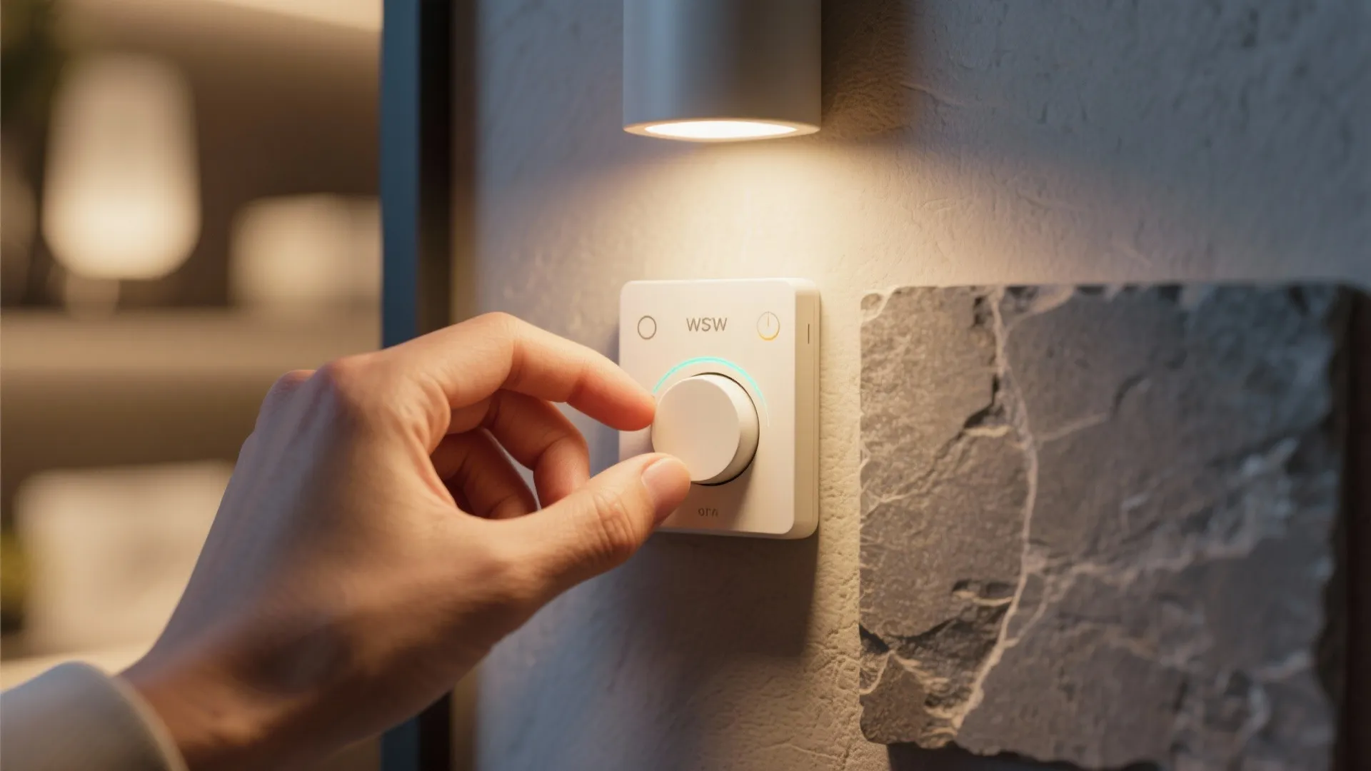 Hand adjusting a smart dimmer next to a stone sample and uplight, illustrating FAQ tips on controls and warmth.