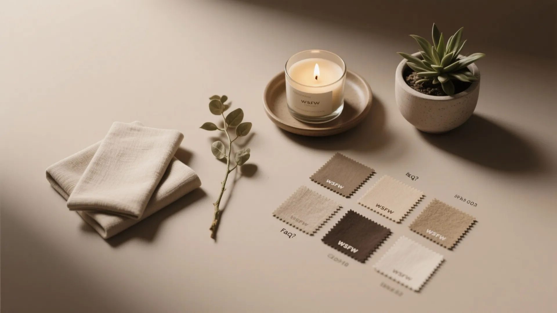 Lit candle next to a small green plant and several brown fabric samples on background