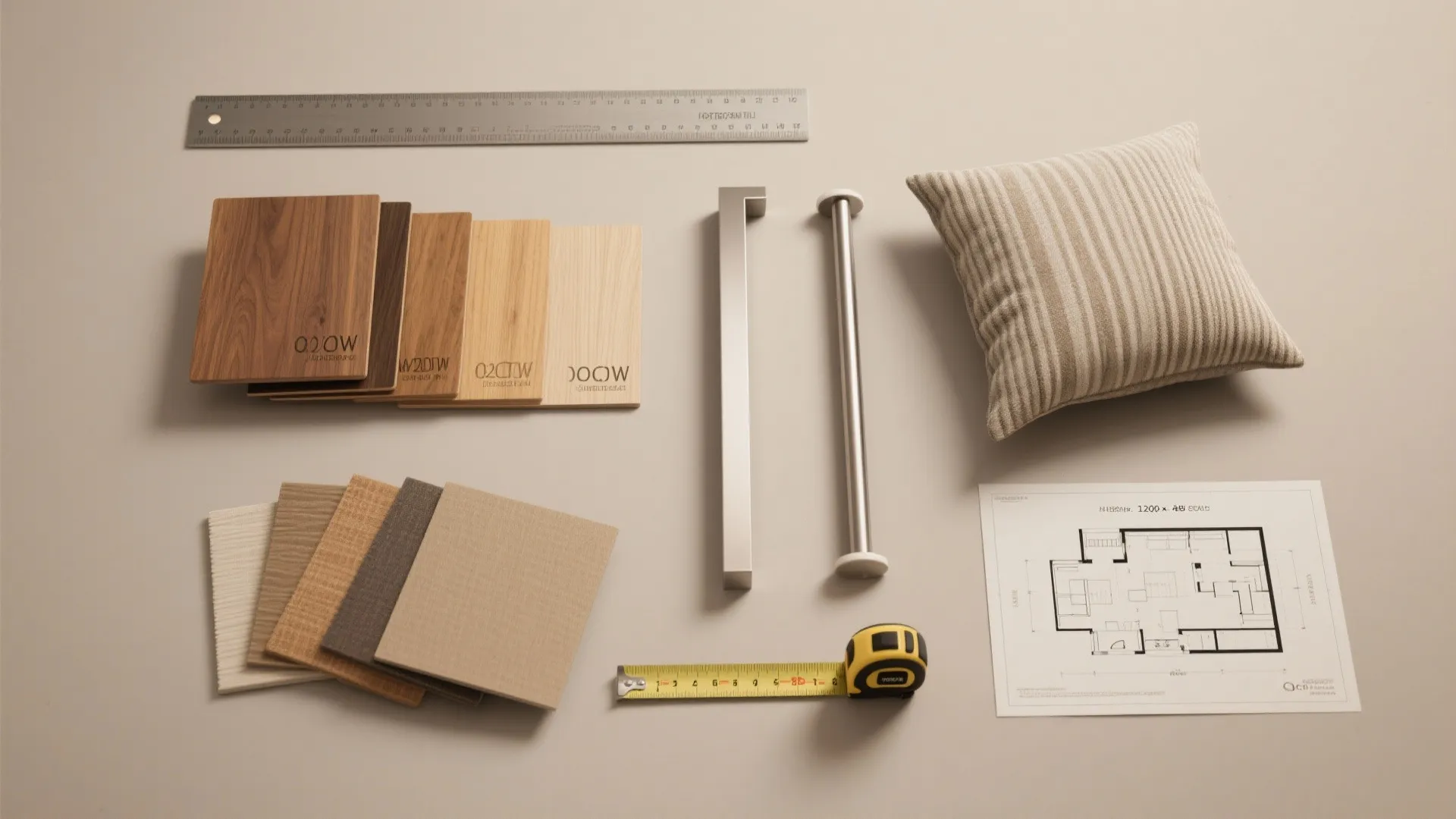 Interior design floor plan with wood samples fabric swatches ruler tape measure and striped pillow