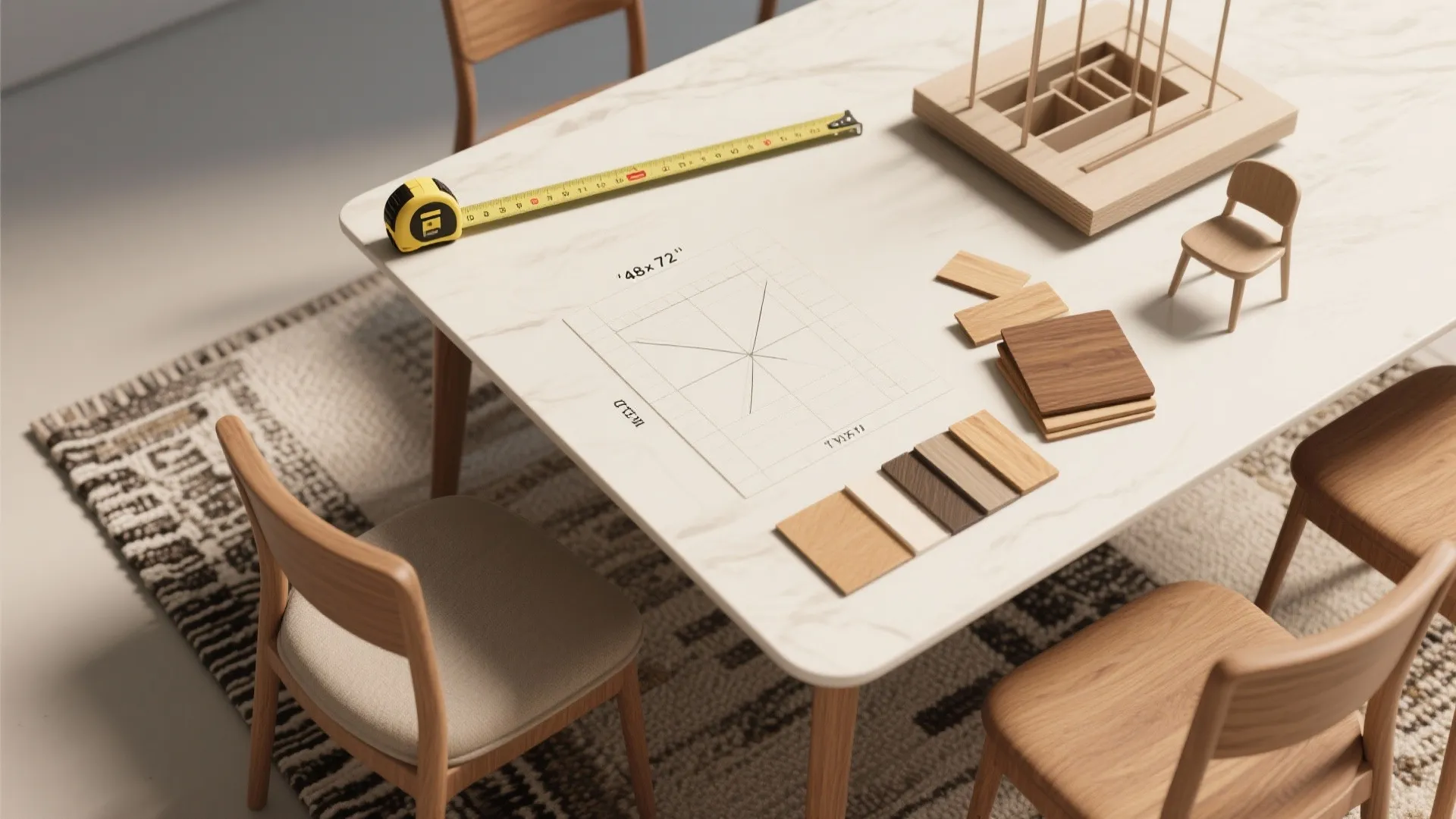 Marble dining table with yellow measuring tape, paper plan, wood samples, and small model chair