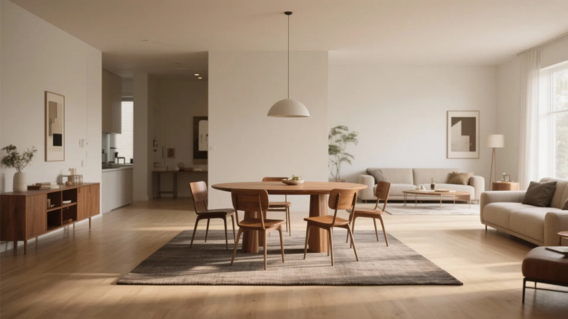 Modern dining room with round wooden table chairs white ceiling light grey rug and sofa