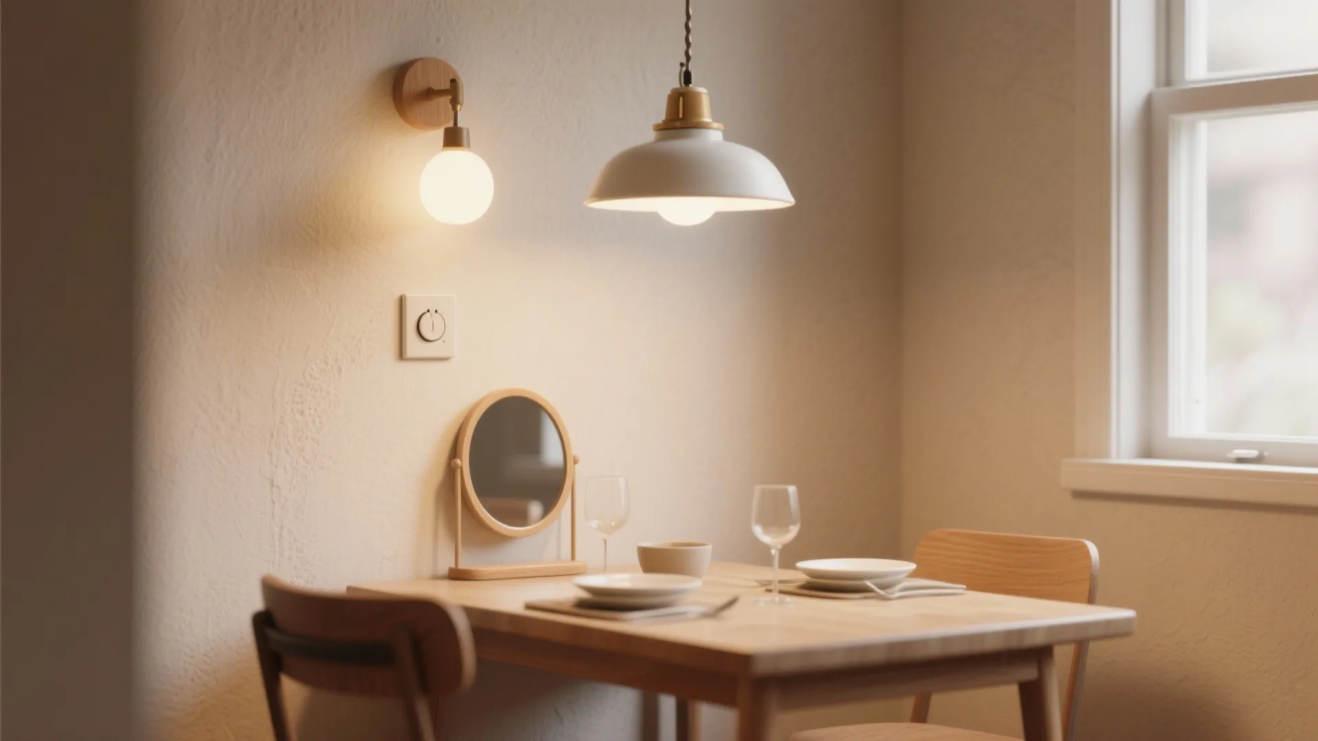 Small dining table with two chairs mirror wall light and one white domed ceiling light