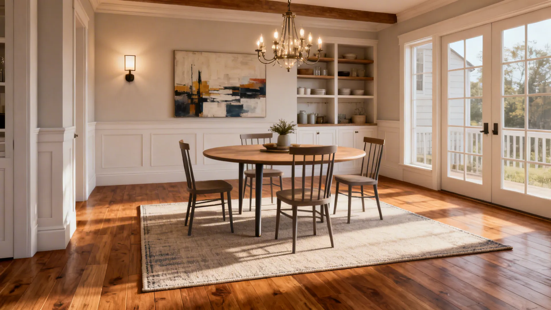 Round dining table with area rug, contemporary art, and layered lighting in a farmhouse dining room
