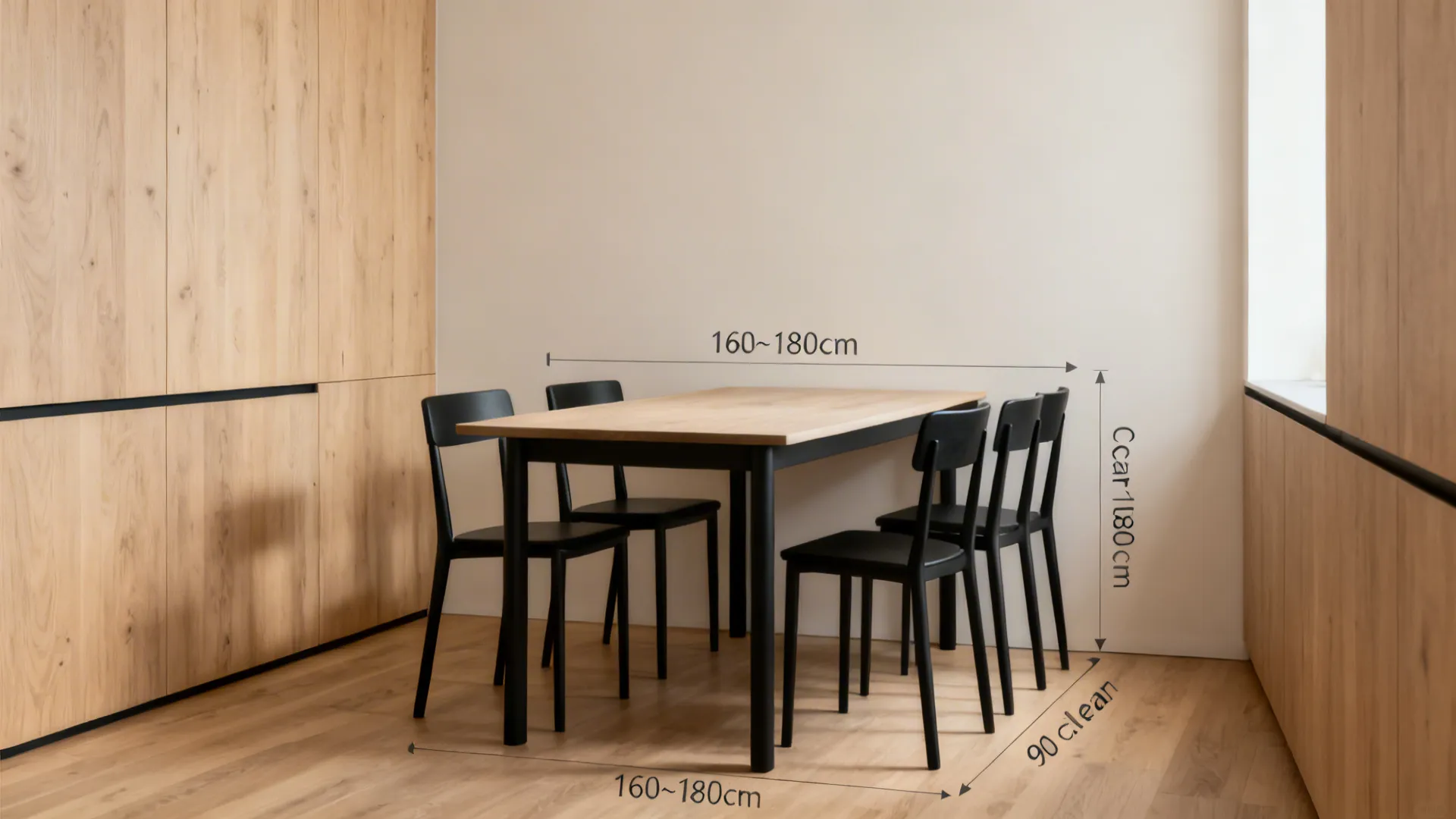 Small dining corner with a six-seat table and clear circulation around it.