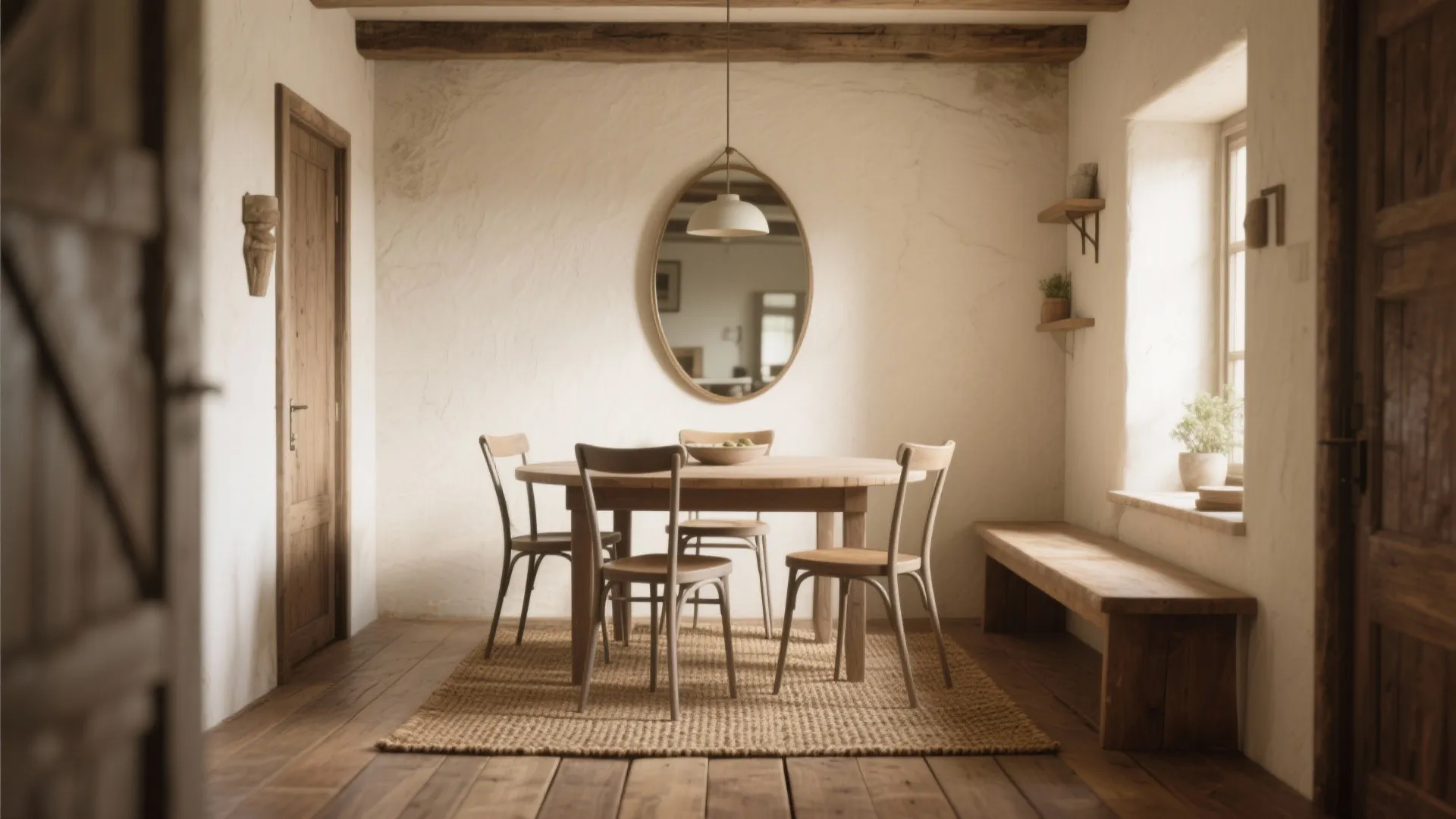 Compact rustic dining space showing mirror for light, bench seating and clear circulation