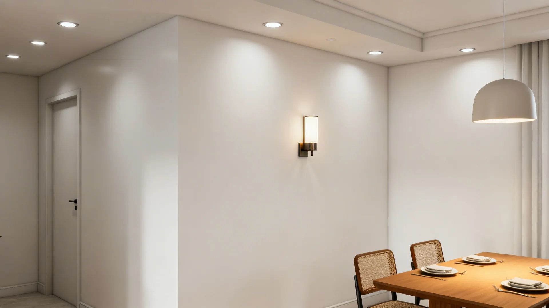 Dining corner displaying recessed lights, wall sconce, and compact pendant illustrating FAQ answers